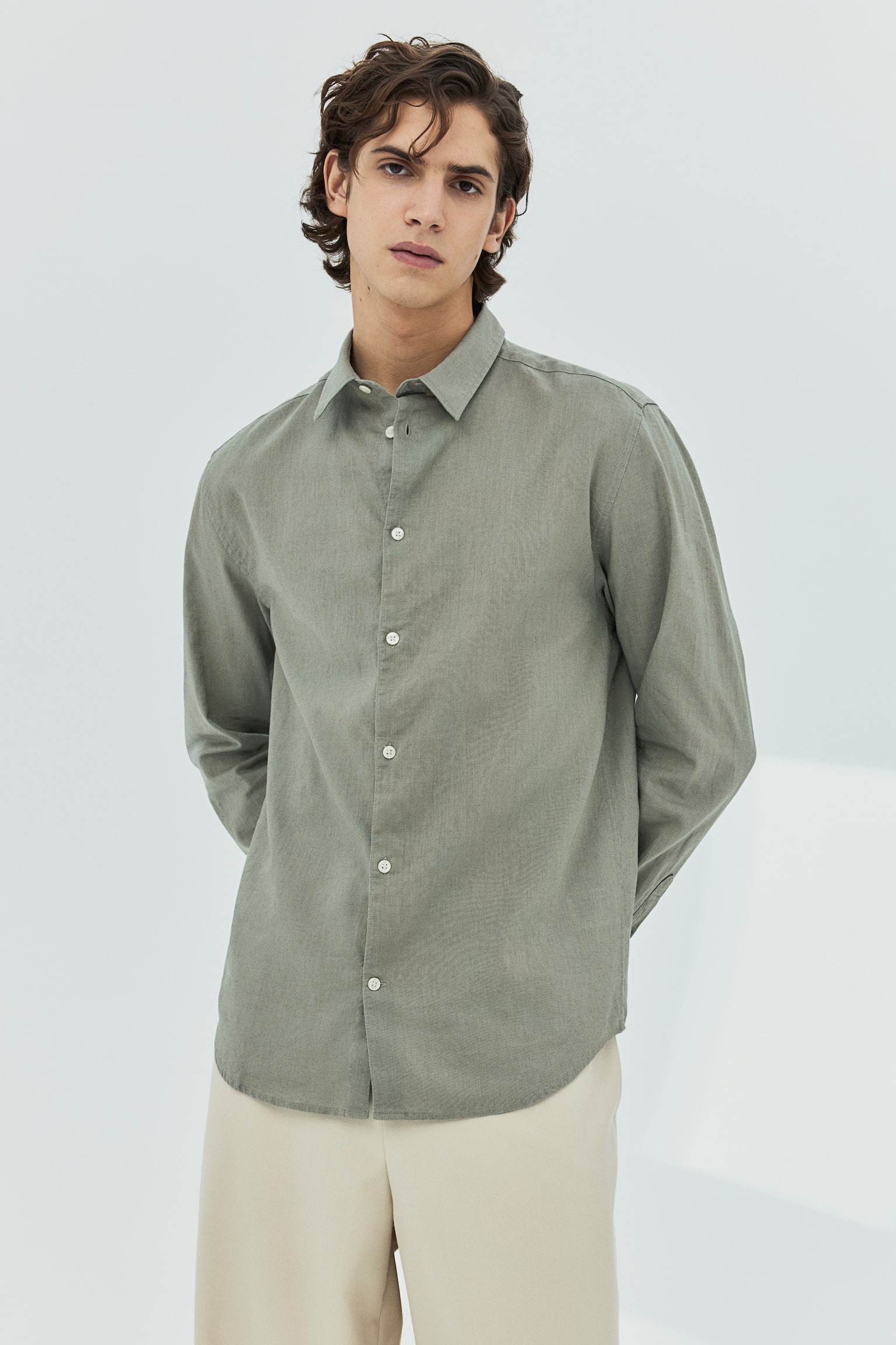 Regular Fit Linen Blend Shirt - Sage green/White/Navy blue/Light blue/White/Stripe/Beige/Stripe/Dark blue/Beige - 3