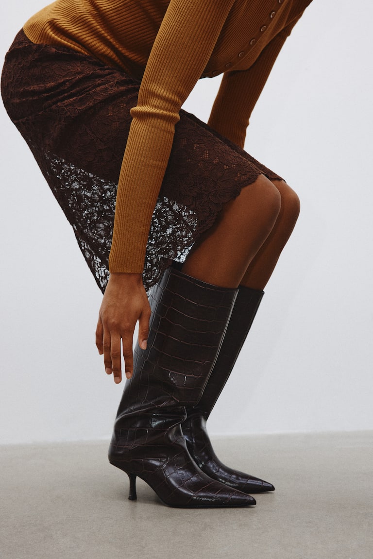 Knee-High Boots Dark brown/crocodile pattern Ladies H&M US