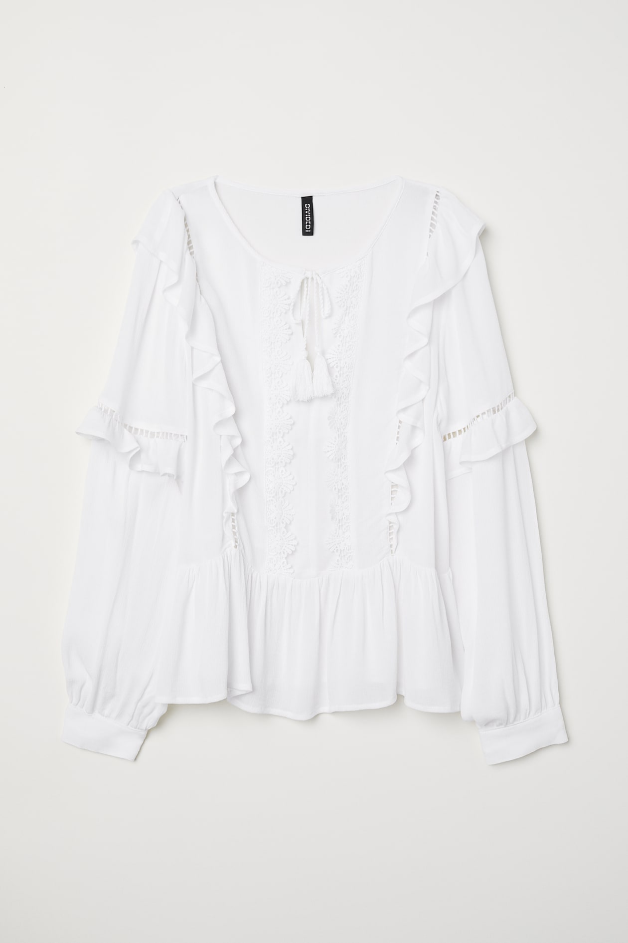 Blouse with frills - Round neck - Long sleeve - White - Ladies | H&M GB