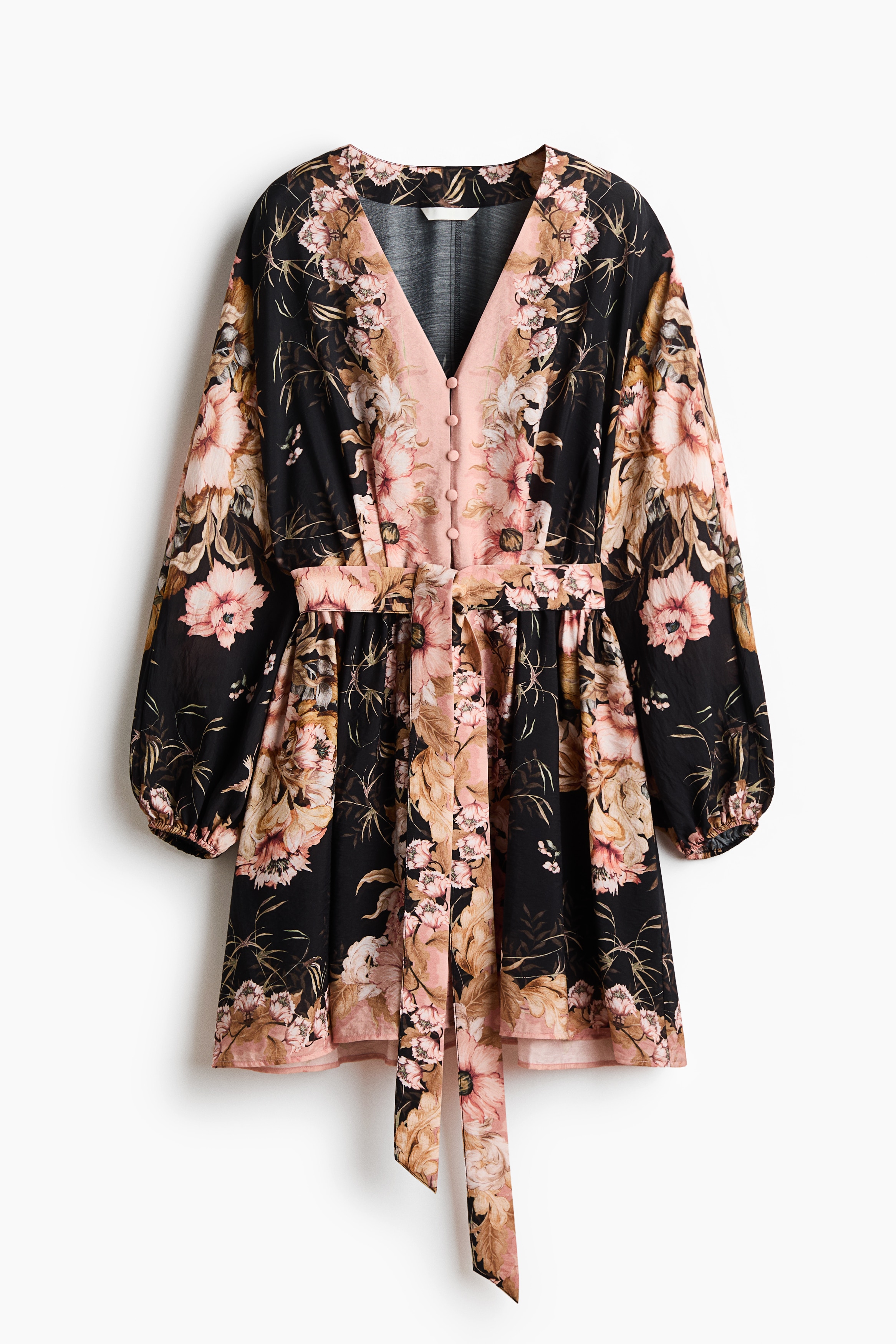 Tie-Belt Tunic Dress - Black/floral