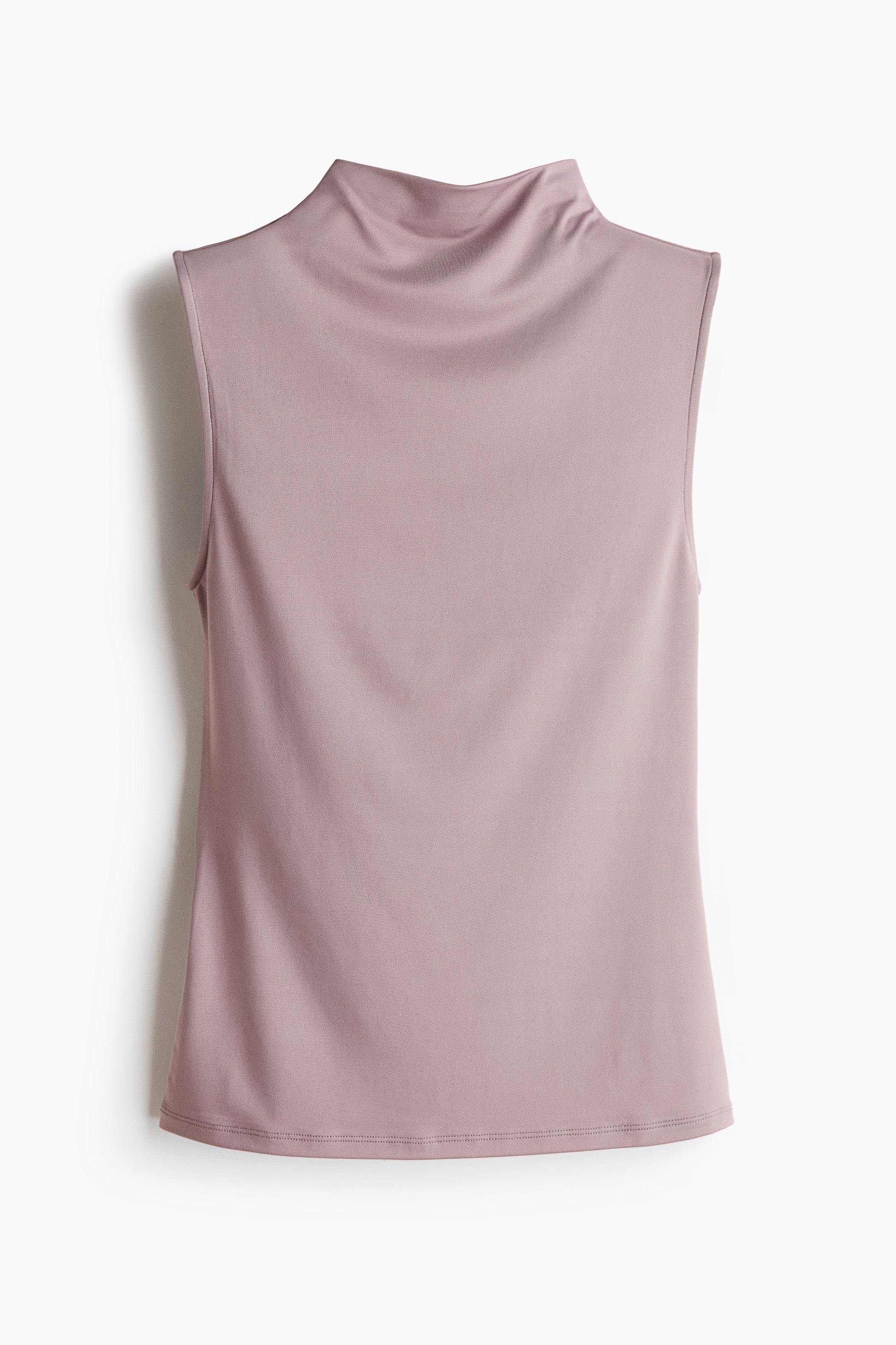 View larger image: A fitted, sleeveless top in a muted pink hue is showcased from the back, featuring an elegant turtleneck and a smooth texture consistent with soft microfiber.