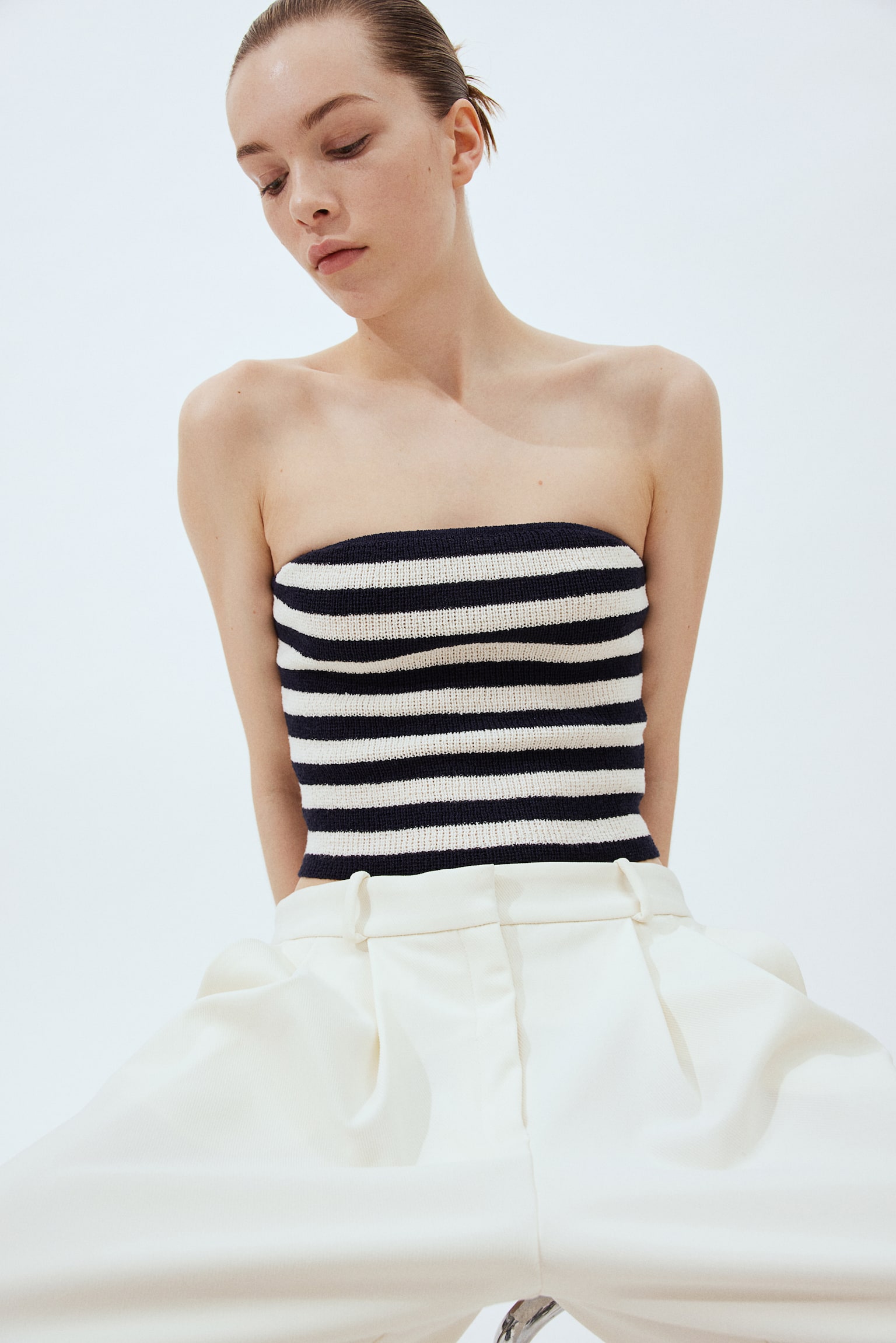 Knitted tube top - Navy blue/Striped/Cream/Black - 1