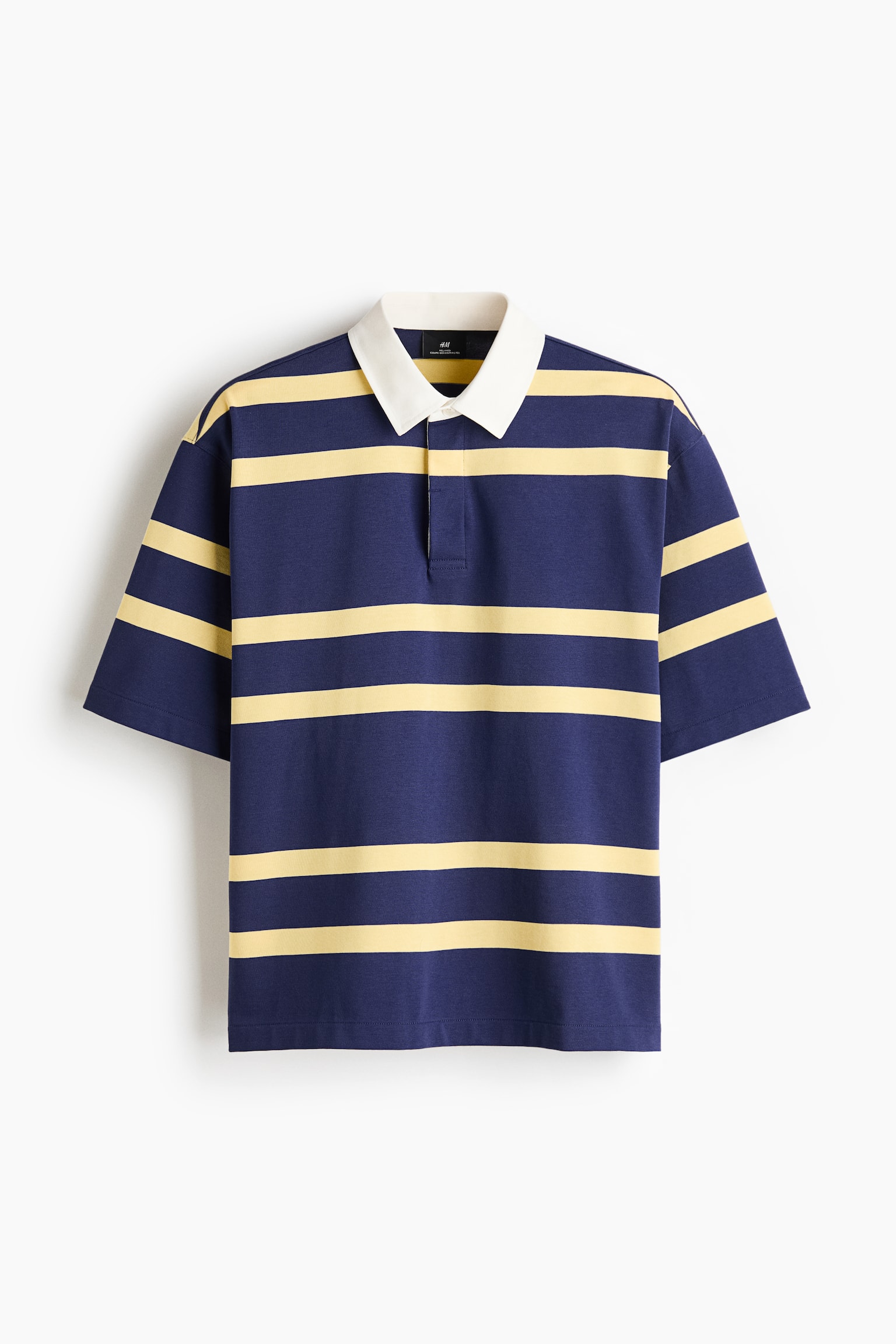 A front view of a polo shirt is displaying a navy blue base with wide yellow horizontal stripes, featuring a white turn-down collar and a two-button placket. It is showing dropped shoulders and short sleeves, presenting a loose fit. - 1