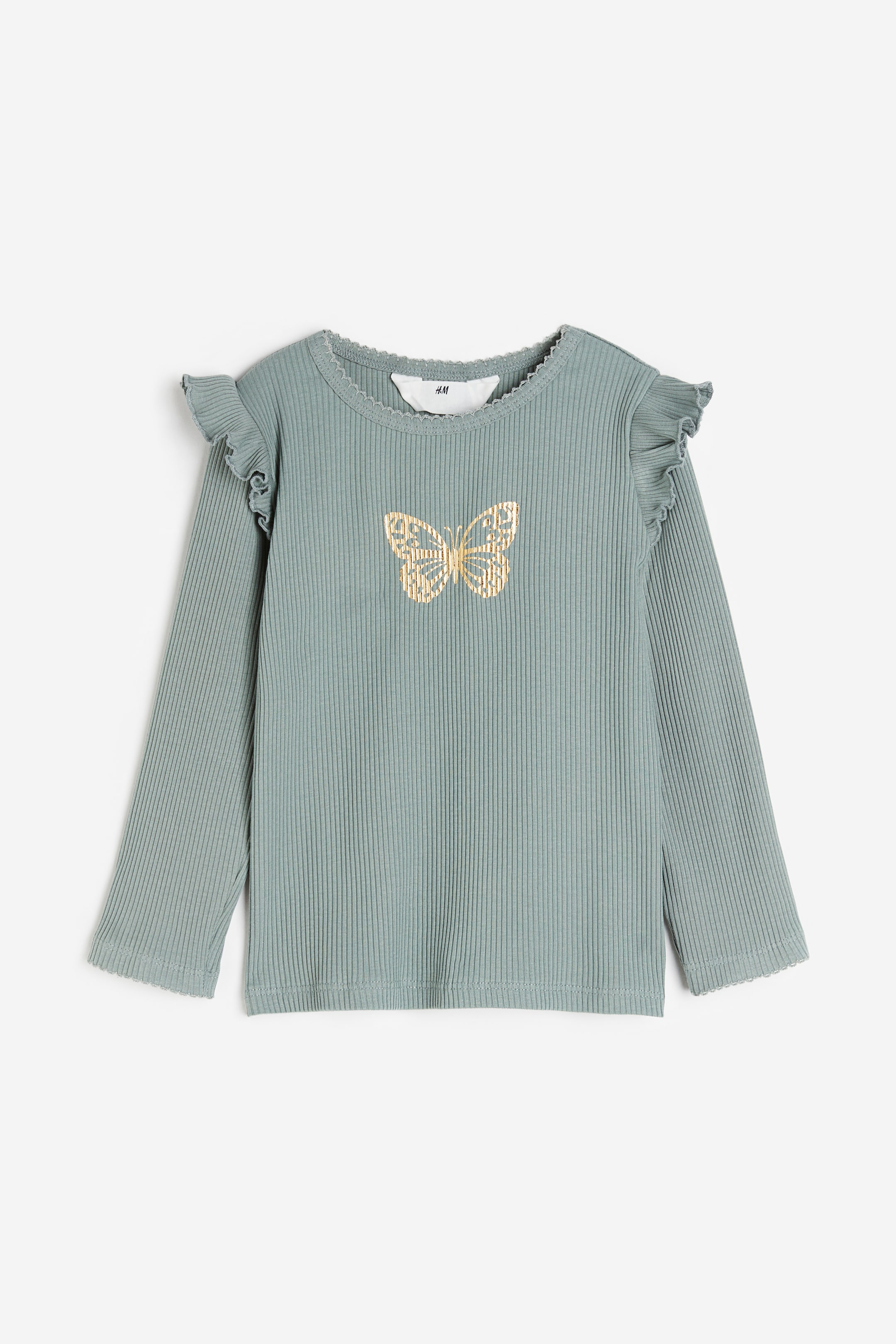 查看大圖: 荷葉邊羅紋上衣 - 灰綠色/蝴蝶 - Kids | H&M 1