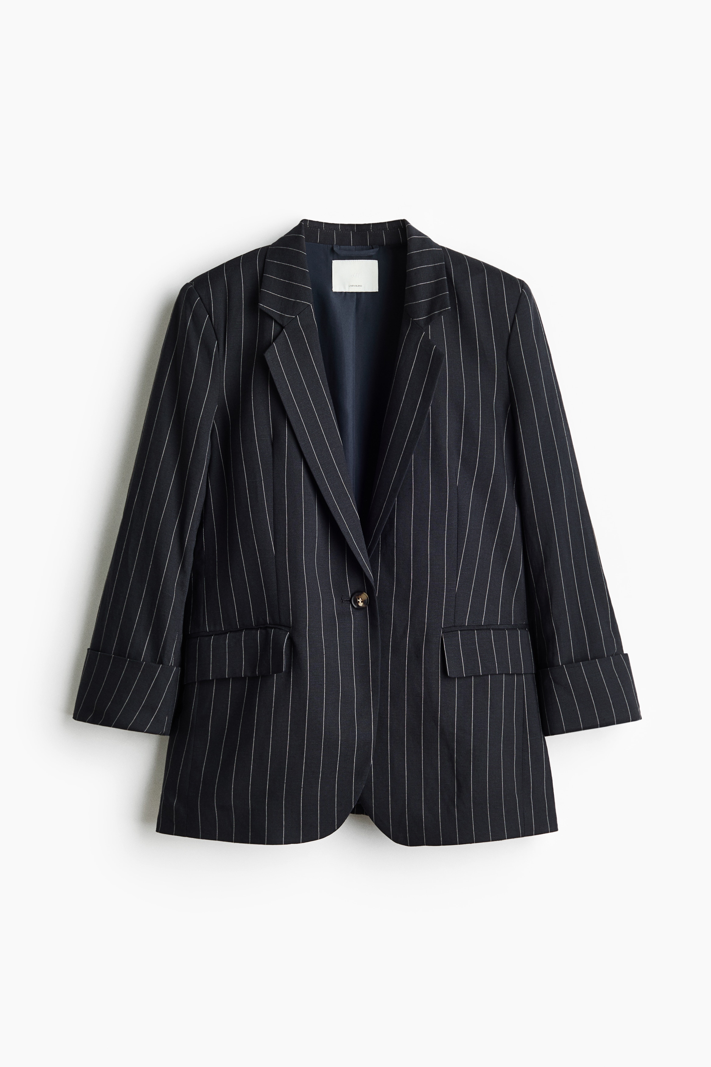 Linen-blend single-breasted blazer - Navy blue/Pinstriped