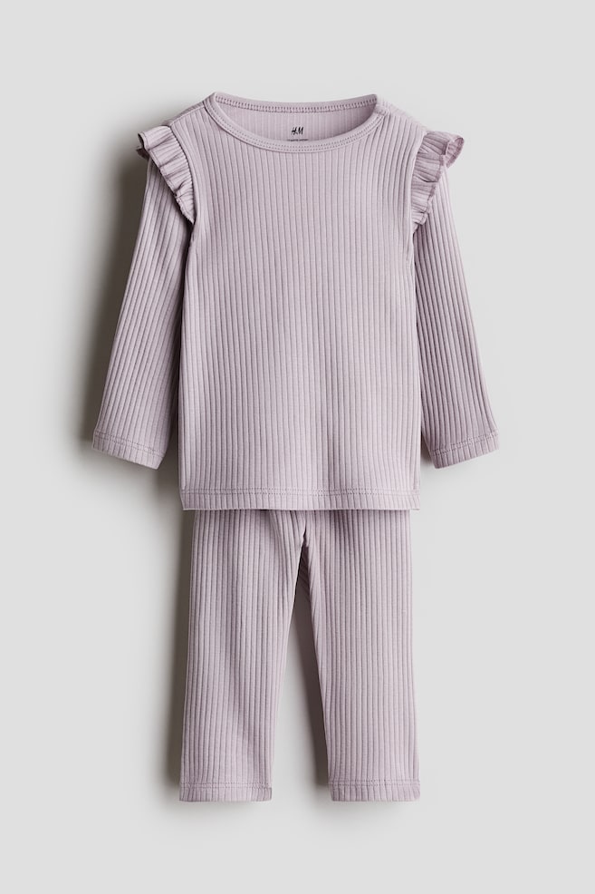 Ribbed Cotton Set - Light purple/Light beige/dark beige striped/Light beige/leopard print/Light blue/dinosaurs/Light purple/Light beige/giraffes/Light beige/white striped/Dusty green/White/hearts/Cream/hearts/Red/Beige/Light beige/Gray/striped/Light green/frogs/Pink/Light pink/White/dark gray - 1