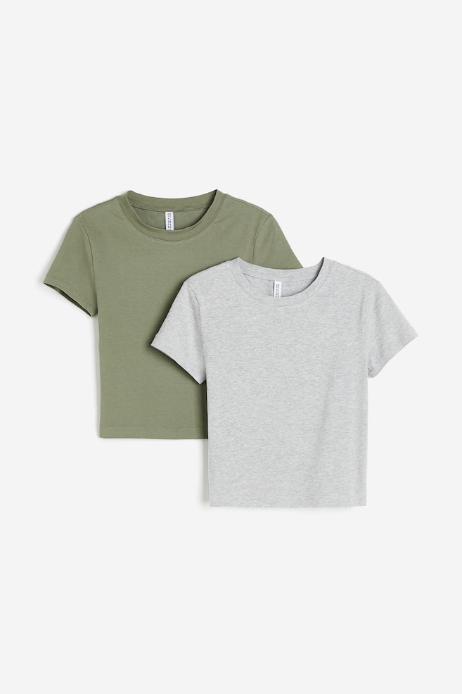 2-pack croppad T-shirt - Khaki green/Light grey marl/Svart/Vit/Vit/Ljus gråmelerad/Vit/dc/dc - 1