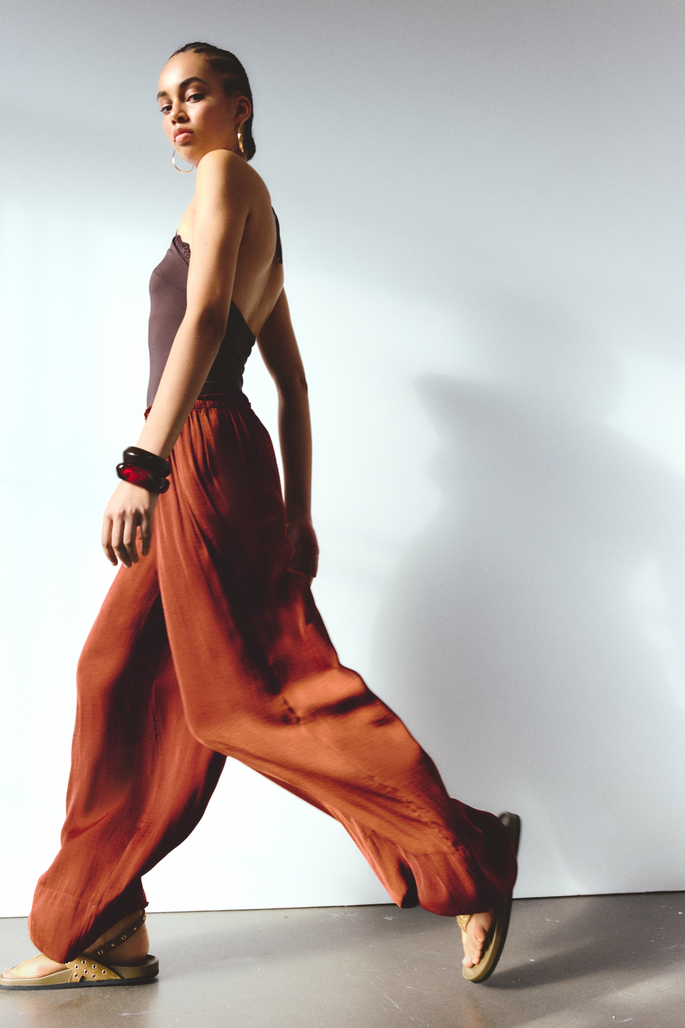 Wijde broek met drawstring - Roestbruin/Donkerbruin/Greige
