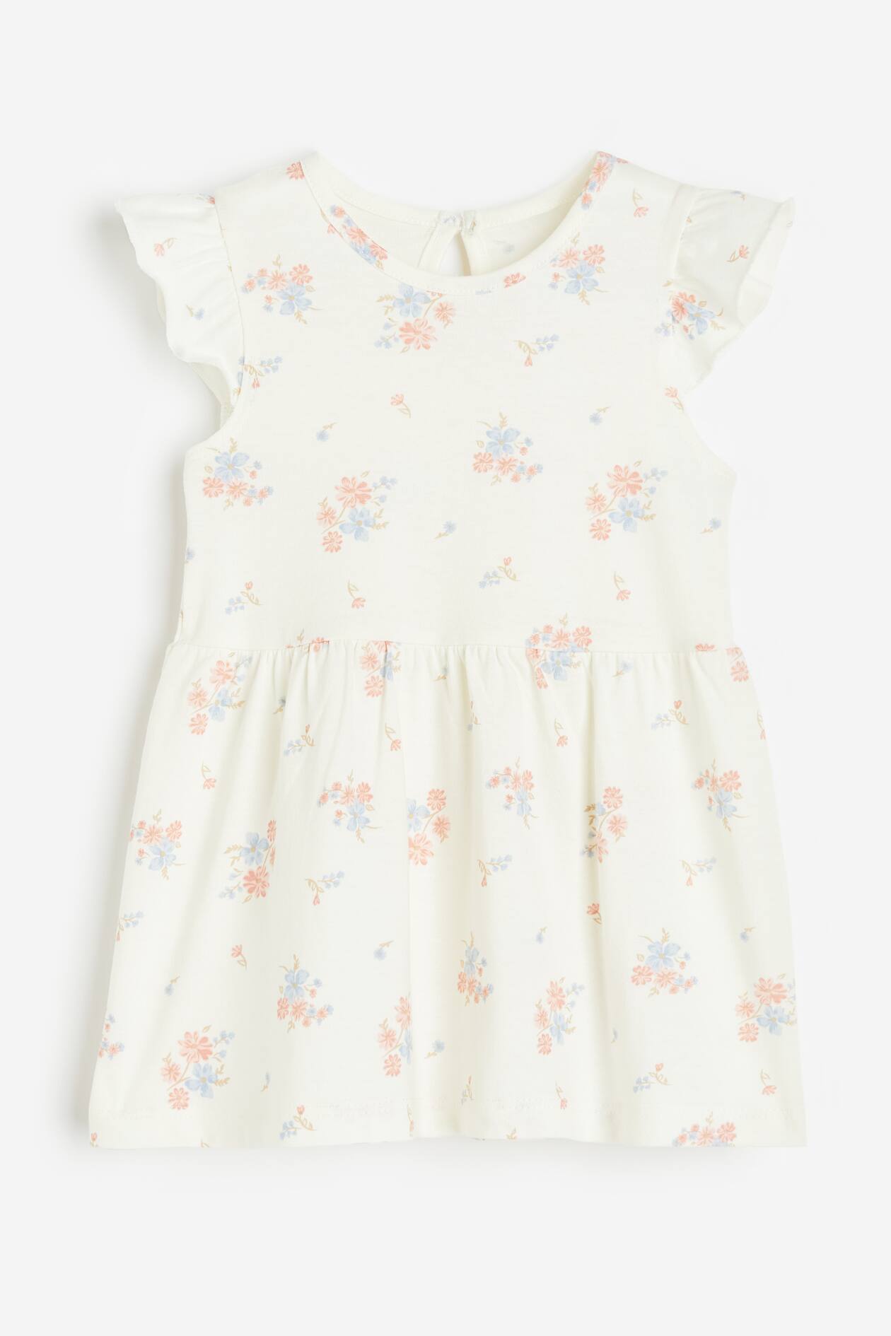 Flounce-trimmed jersey dress - Round neck - Sleeveless - White/Floral ...