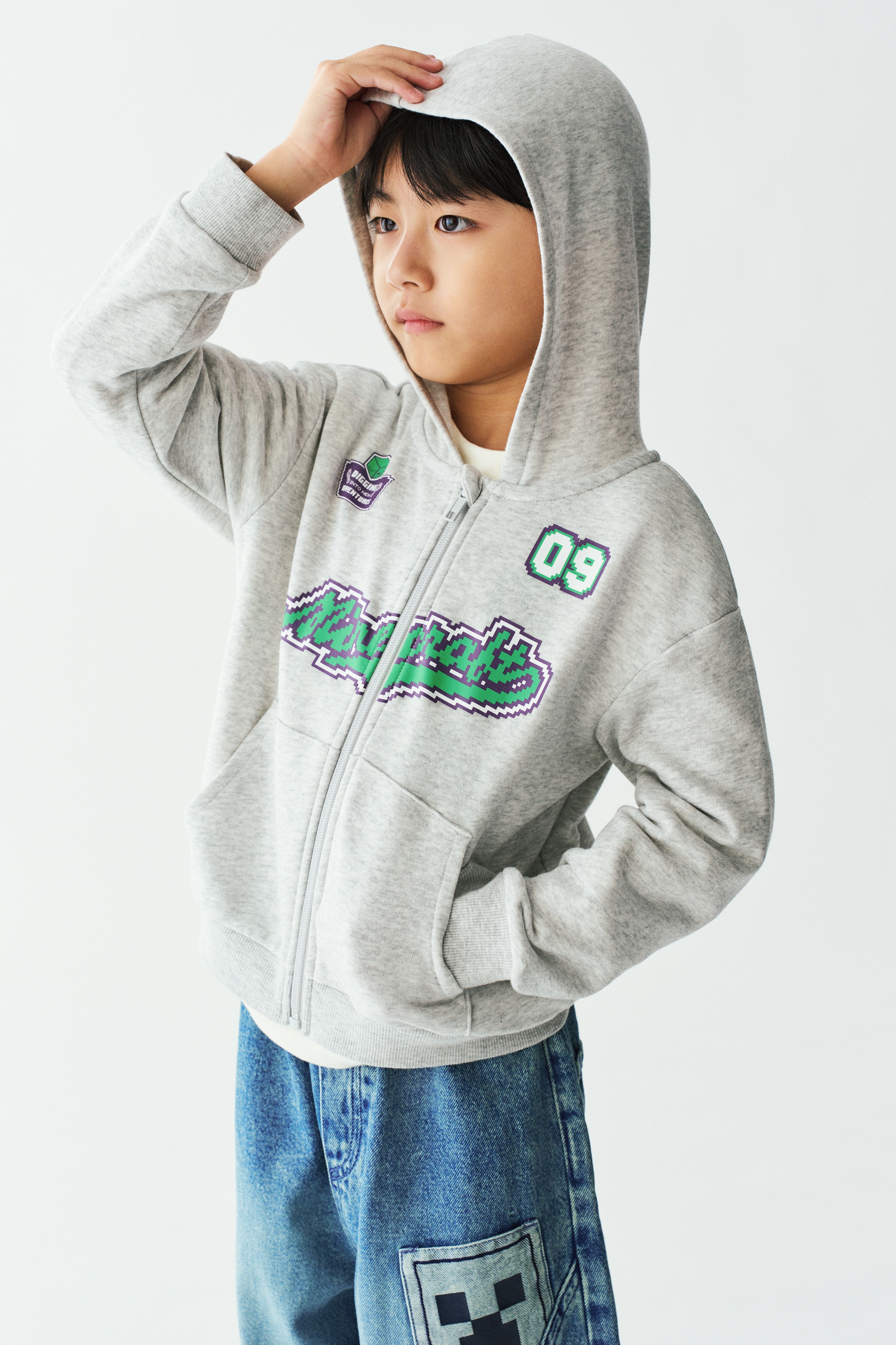 Áo hoodie kéo khoá in hình - Màu xám nhạt đốm/Minecraft/Màu xanh dương đậm/Snoopy