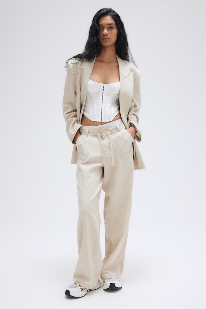 Linen-blend straight trousers - Beige/Black/White - 1
