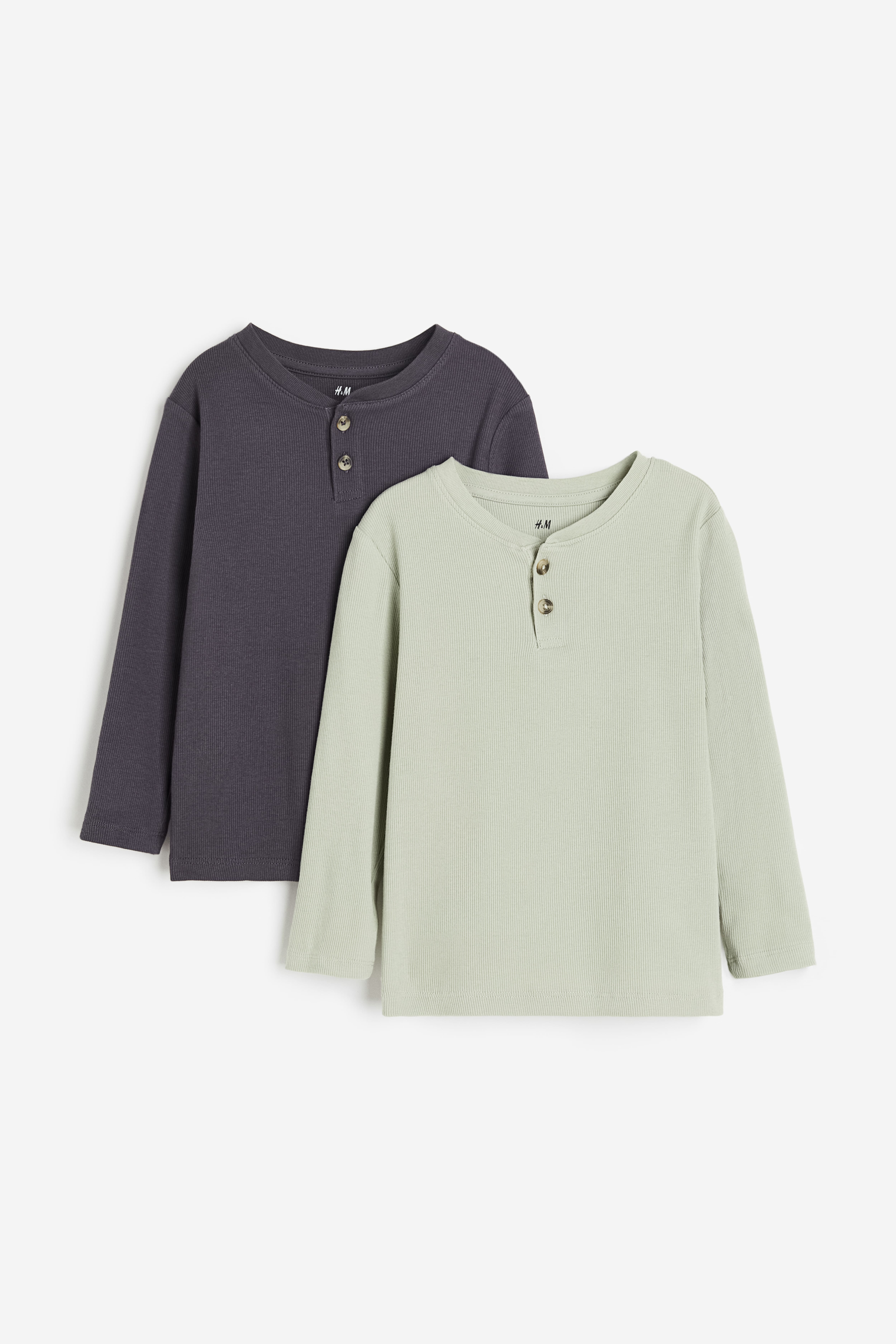 2-pack Ribbed Henley Shirts - Long sleeve - Regular length - Light  green/dark gray - Kids | H&M US