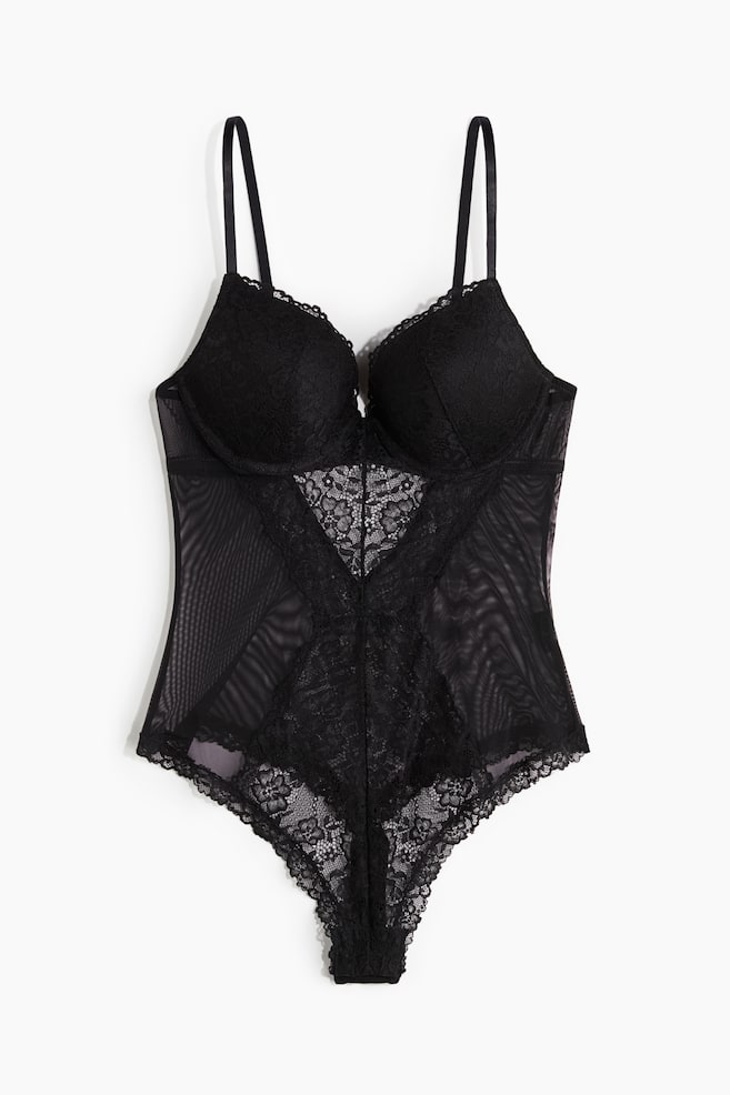 Body Thong em renda com push-up - Preto - 1
