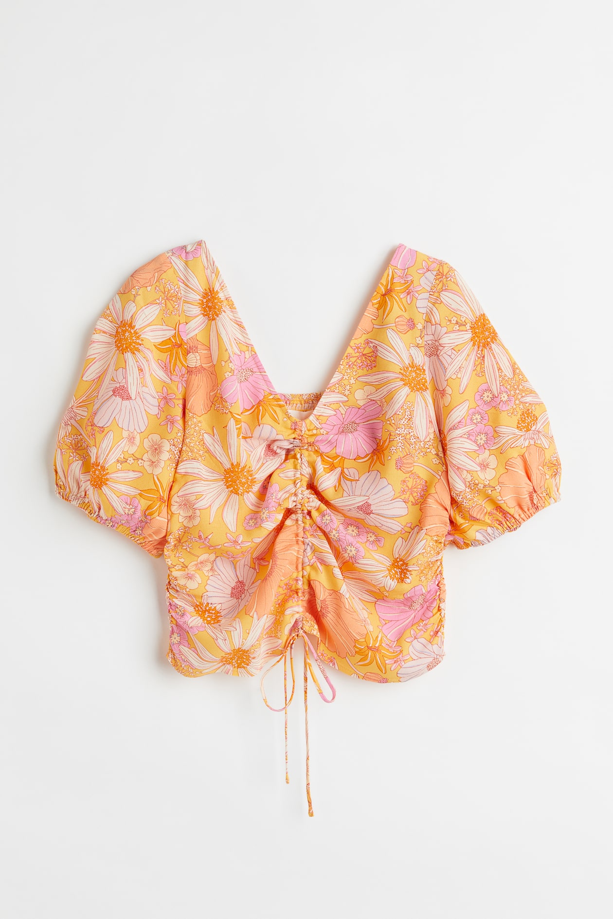 V-neck Drawstring Blouse - V-neck - Short sleeve - Orange/Floral 