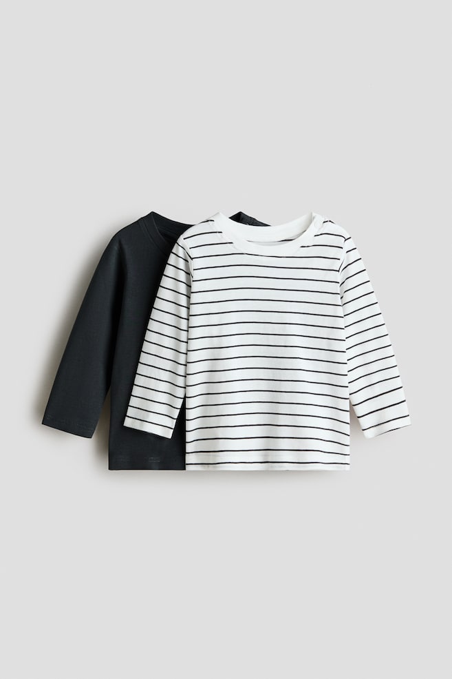 Lot de 2 T-shirts à manches longues en jersey - Gris foncé/blanc/Bleu clair/véhicules/Rose clair/cerises - 1