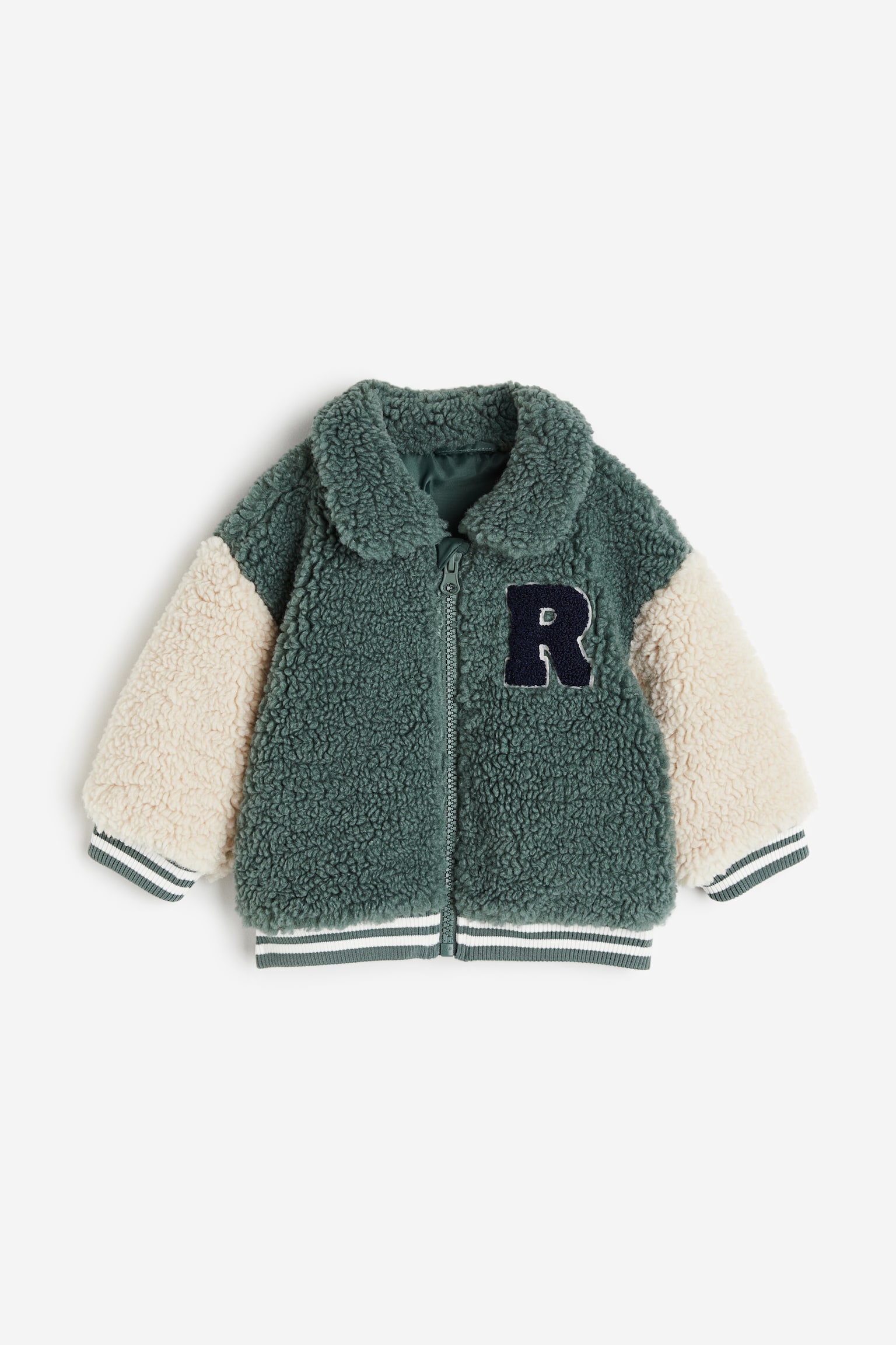 Pile Fleece Baseball Jacket - Dark green/Beige - 1