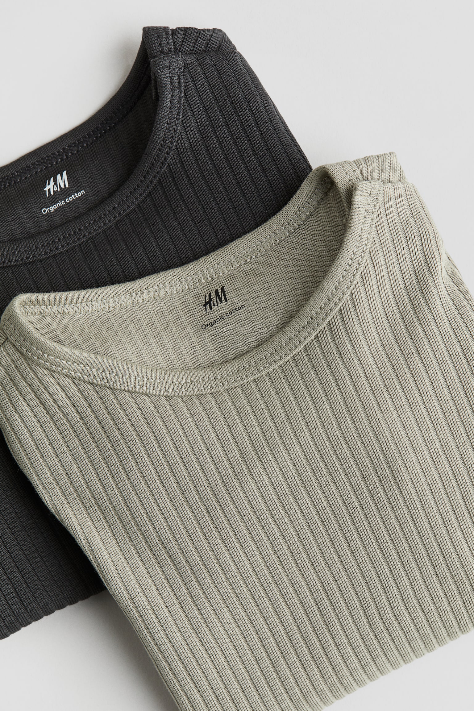 Детские рубашки H&M 2-pack Ribbed Jersey Shirts, цвет: Хаки зелёный / Серый — фото 2