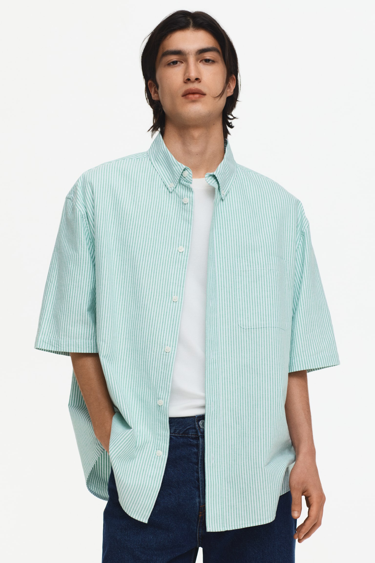 Relaxed Fit Short-sleeved Oxford shirt - Green/Striped/Dark blue/Dark green/White - 1