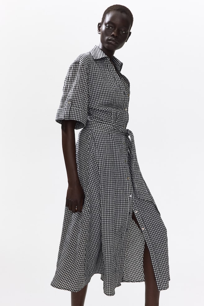 Tie-Belt Dress - Black/gingham/Light beige/striped/Brown/leopard print - 1