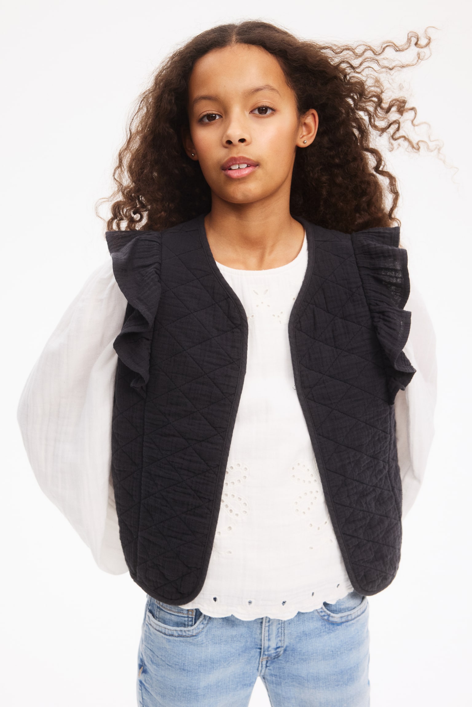 Flounced cotton muslin waistcoat - Black - 1