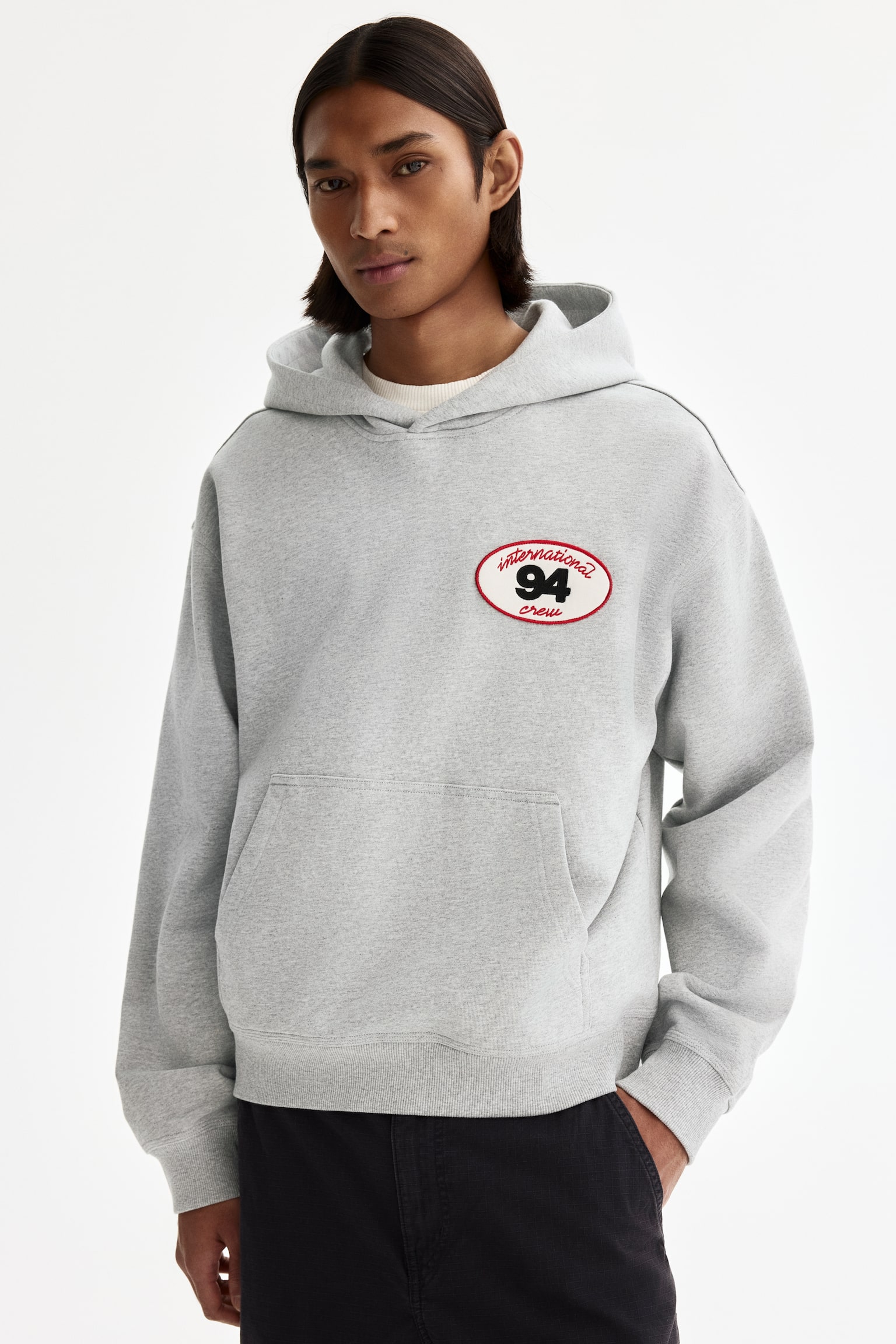 Loose Fit Motif-detail hoodie - Grey marl/94/White/Service Garments - 2