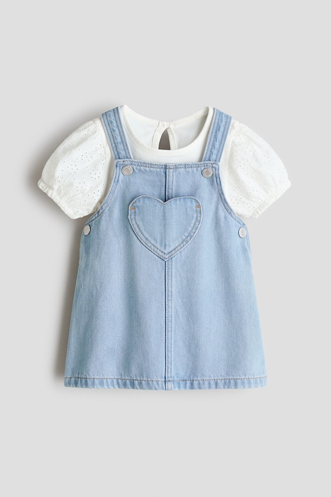Ensemble 2 pièces en coton - Bleu denim clair/Rose clair/blanc - 1
