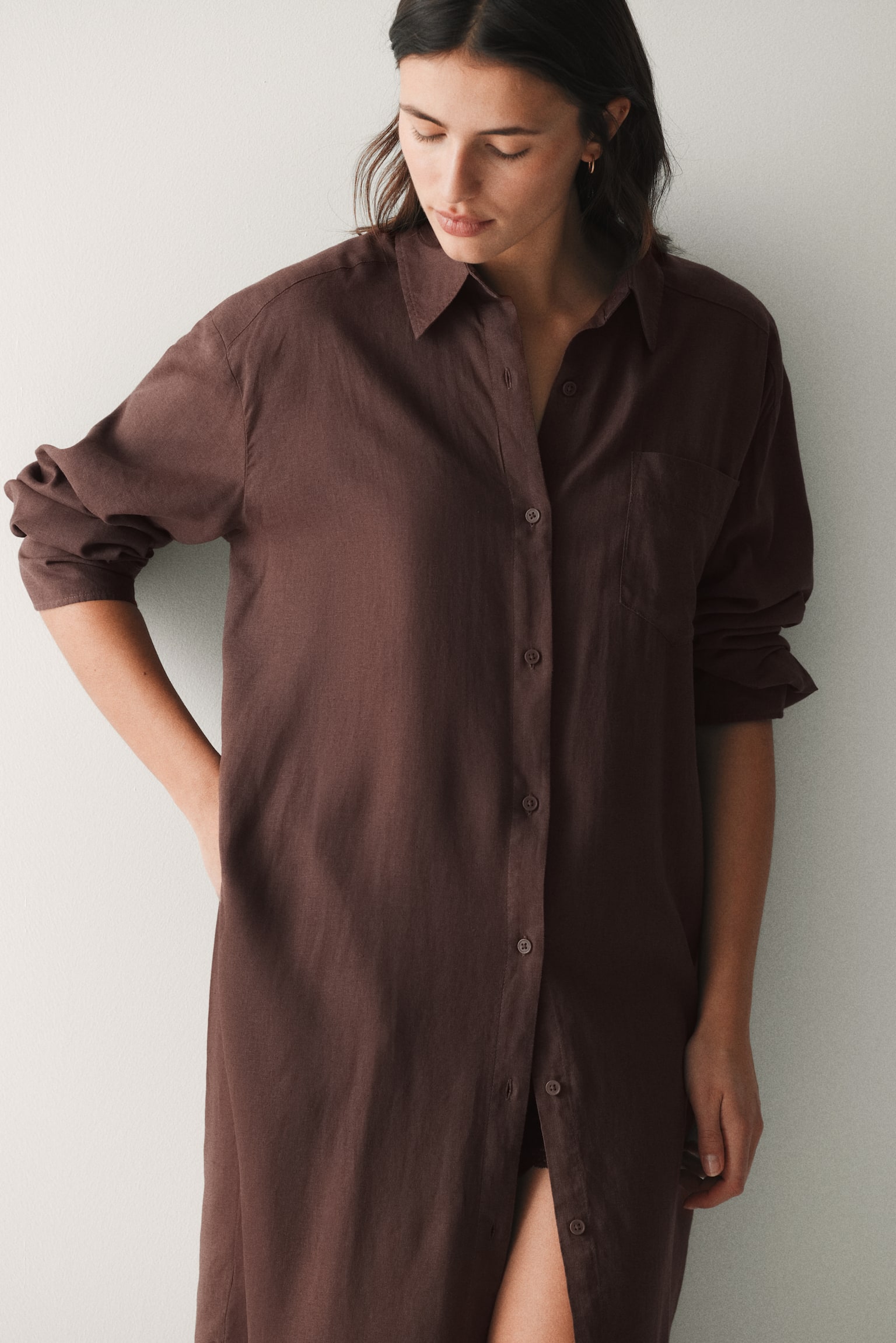 Linen-blend shirt dress - Dark brown/Light beige - 5