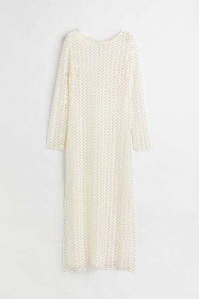 Crochet-look dress - Round neck - Long sleeve - Cream - Ladies | H&M GB