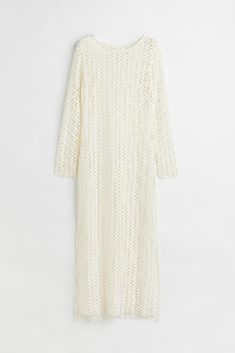 Crochet-look dress - Round neck - Long sleeve - Cream - Ladies | H&M GB