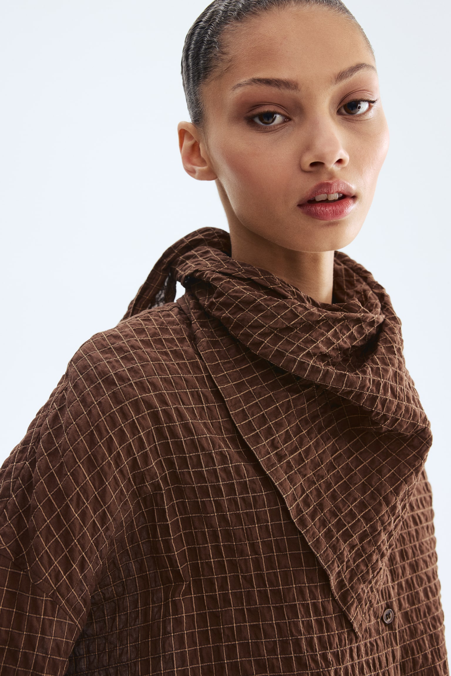 Seersucker shirt with scarf - Brown - 5