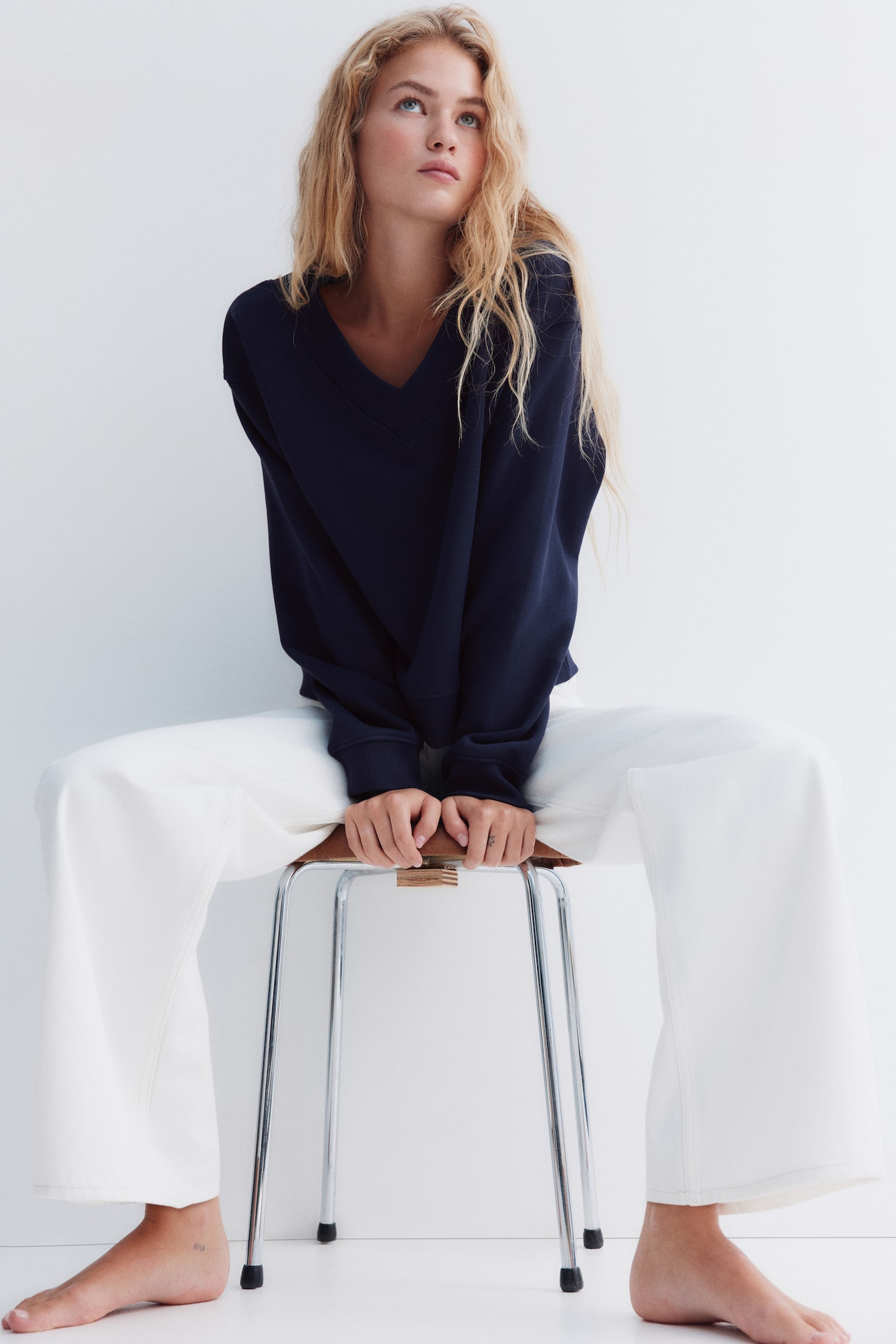 V-neck sweatshirt - Navy blue/Dusty pink/Light grey marl - 3