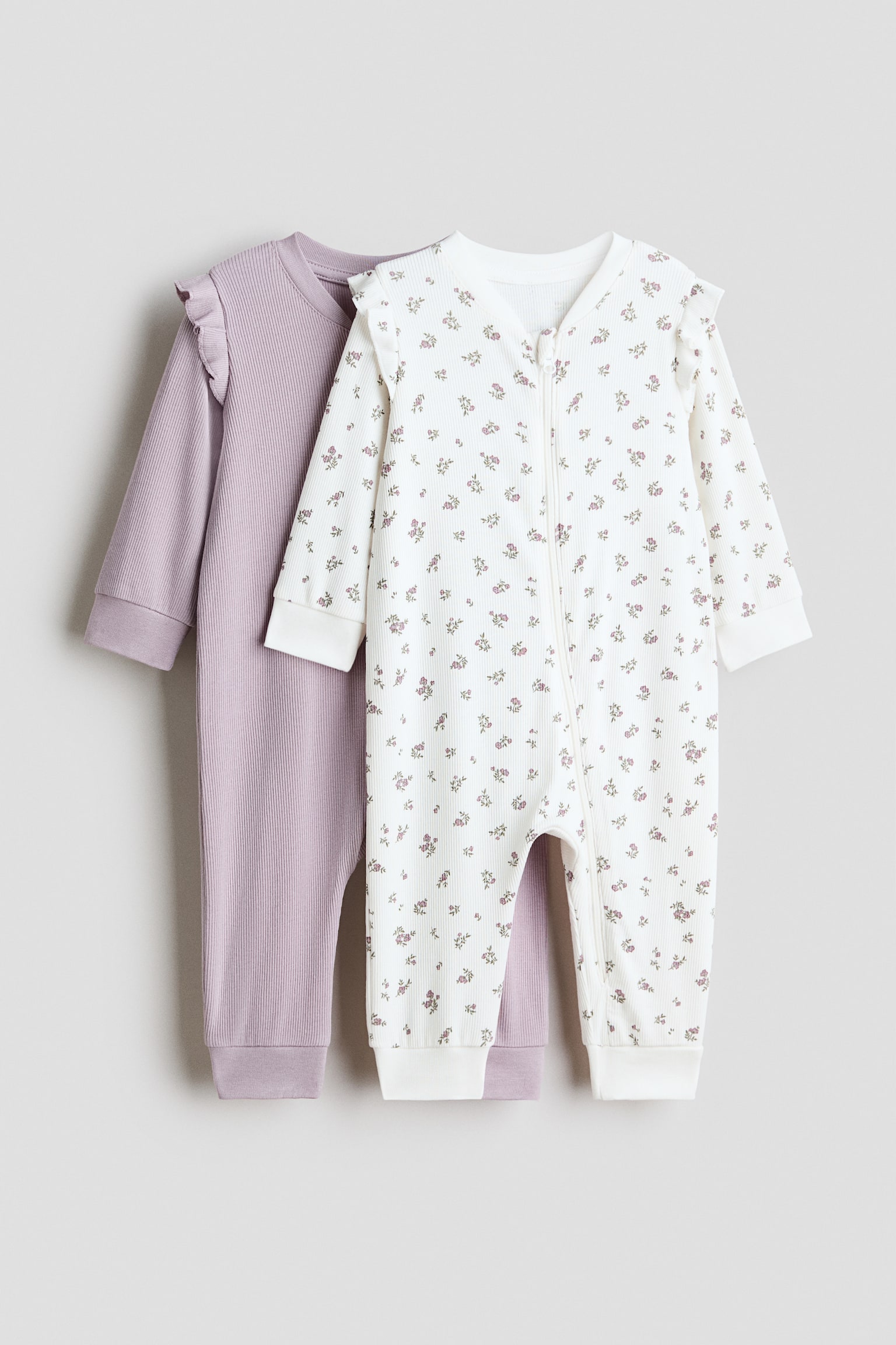 Pack de 2 pijamas de corpo inteiro em algodão - Lilás claro/Floral/Rosa seco claro/Corações