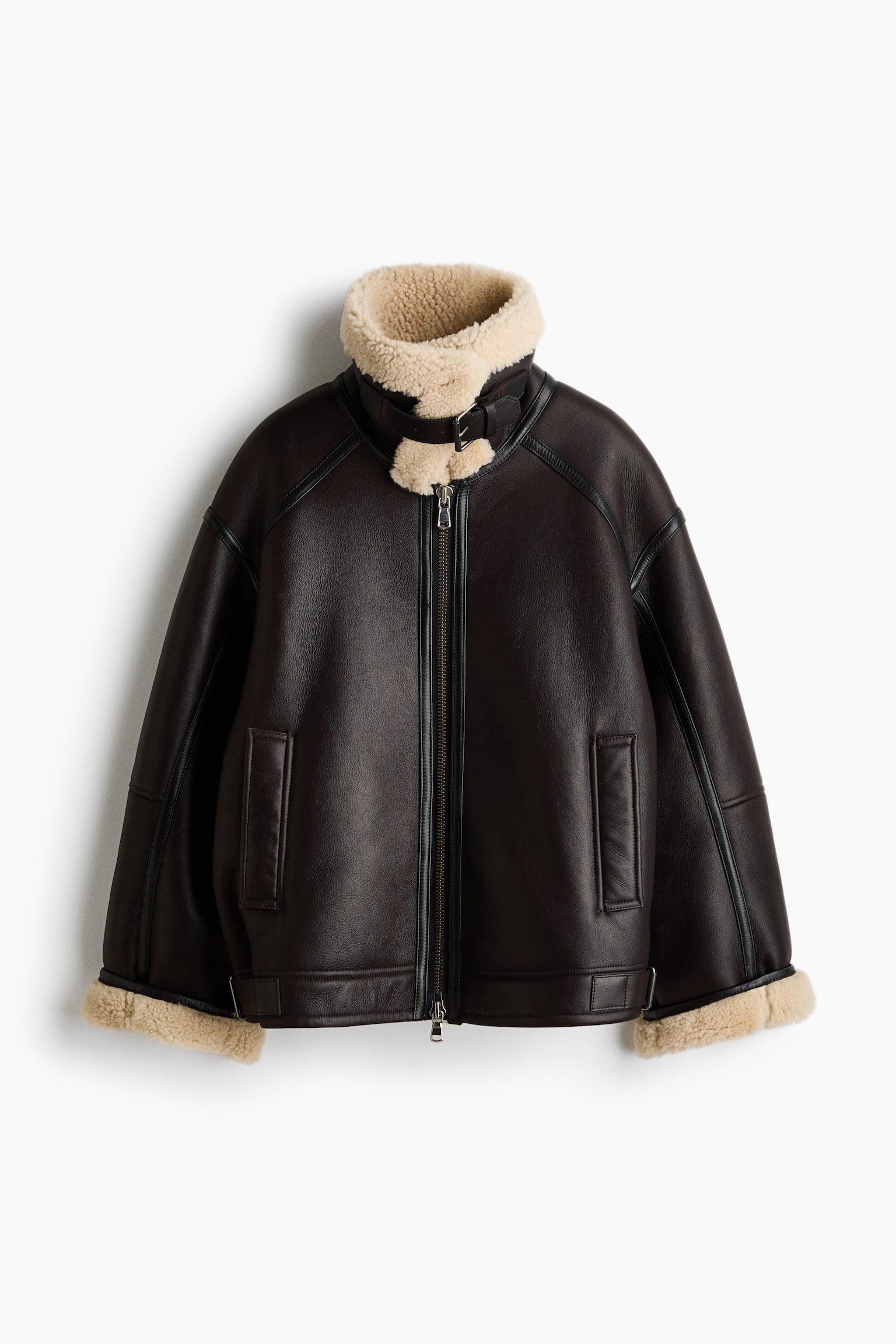 Женская куртка H&M Leather Shearling, цвет: Тёмный коричневый — фото 1