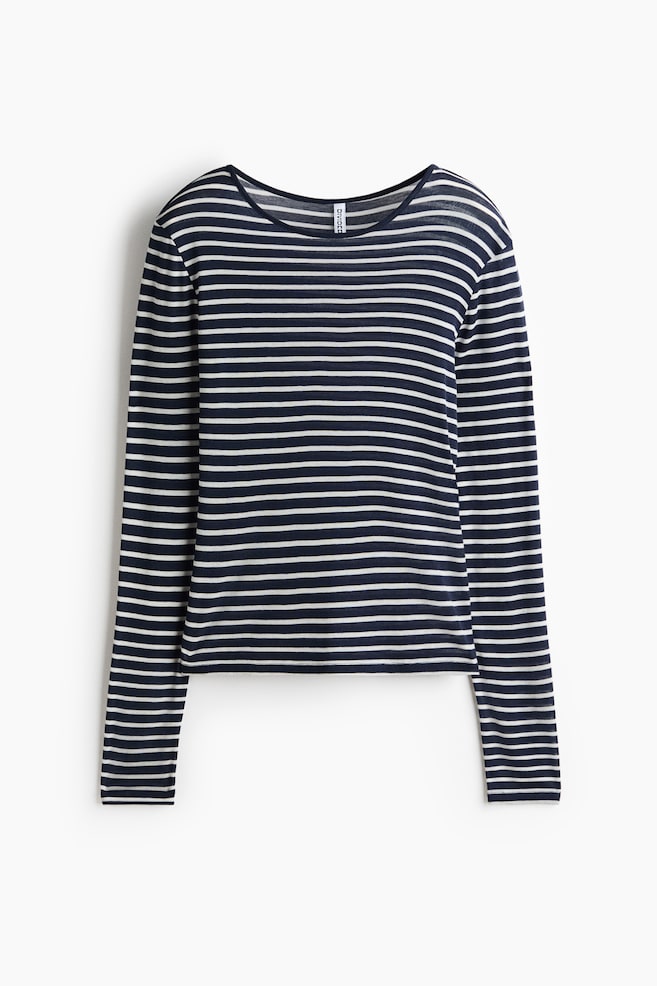 Long-sleeved fine-knit top - Navy blue/Striped - 1