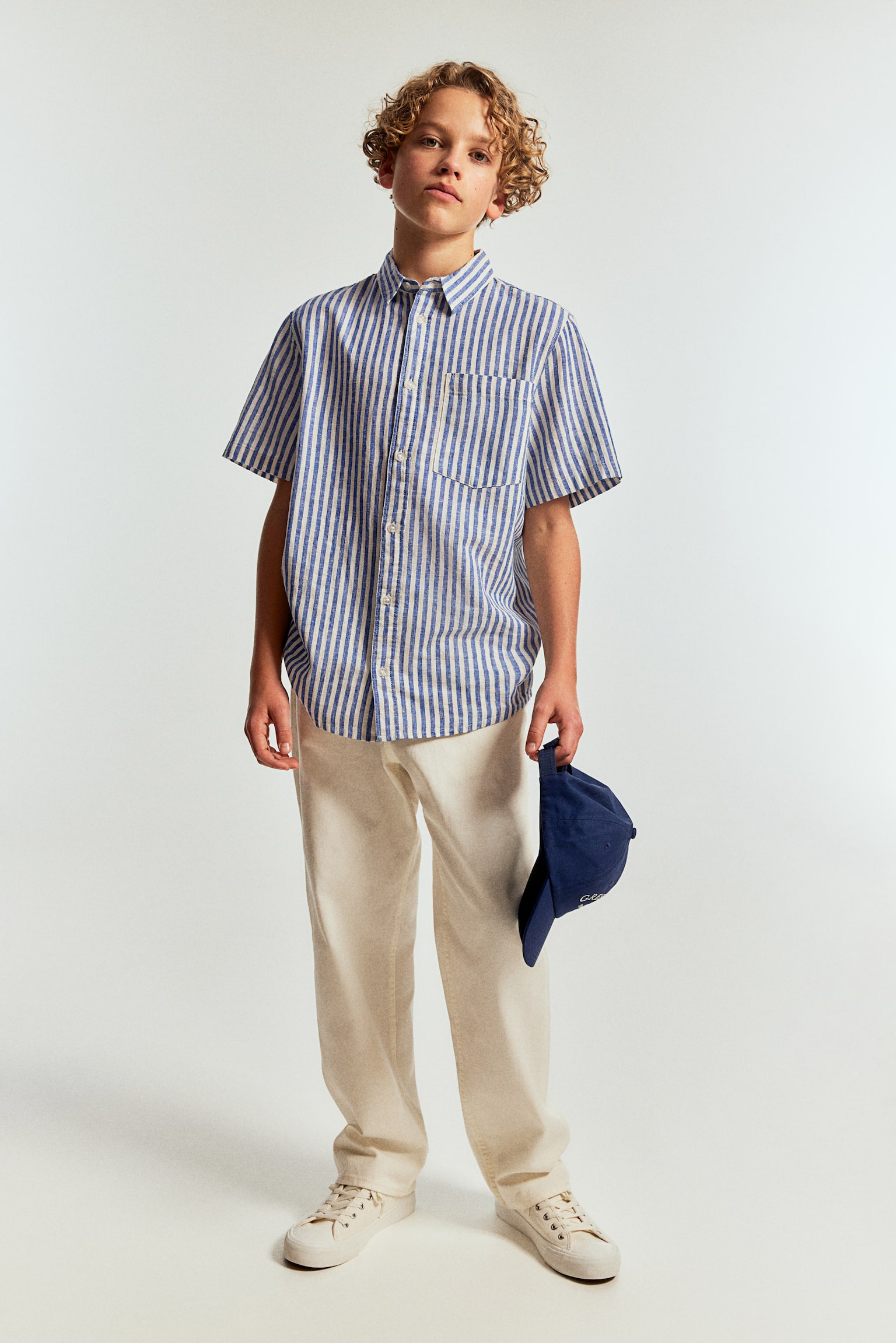 Short-sleeved linen-blend shirt - Blue/White striped - 5