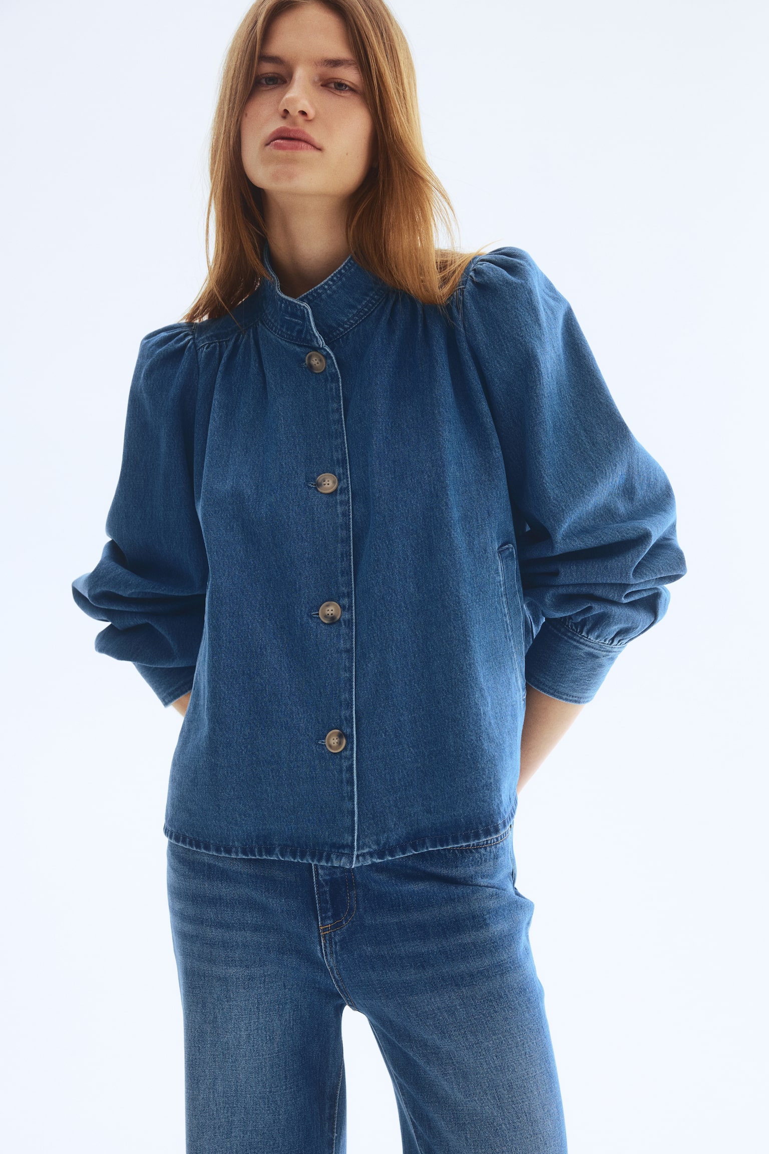 Puff-sleeved twill jacket - Denim blue/Dark brown/Beige - 6