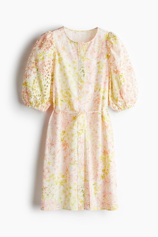 Broderie anglaise-sleeved dress - White/Floral/White/Pale yellow/Black - 1