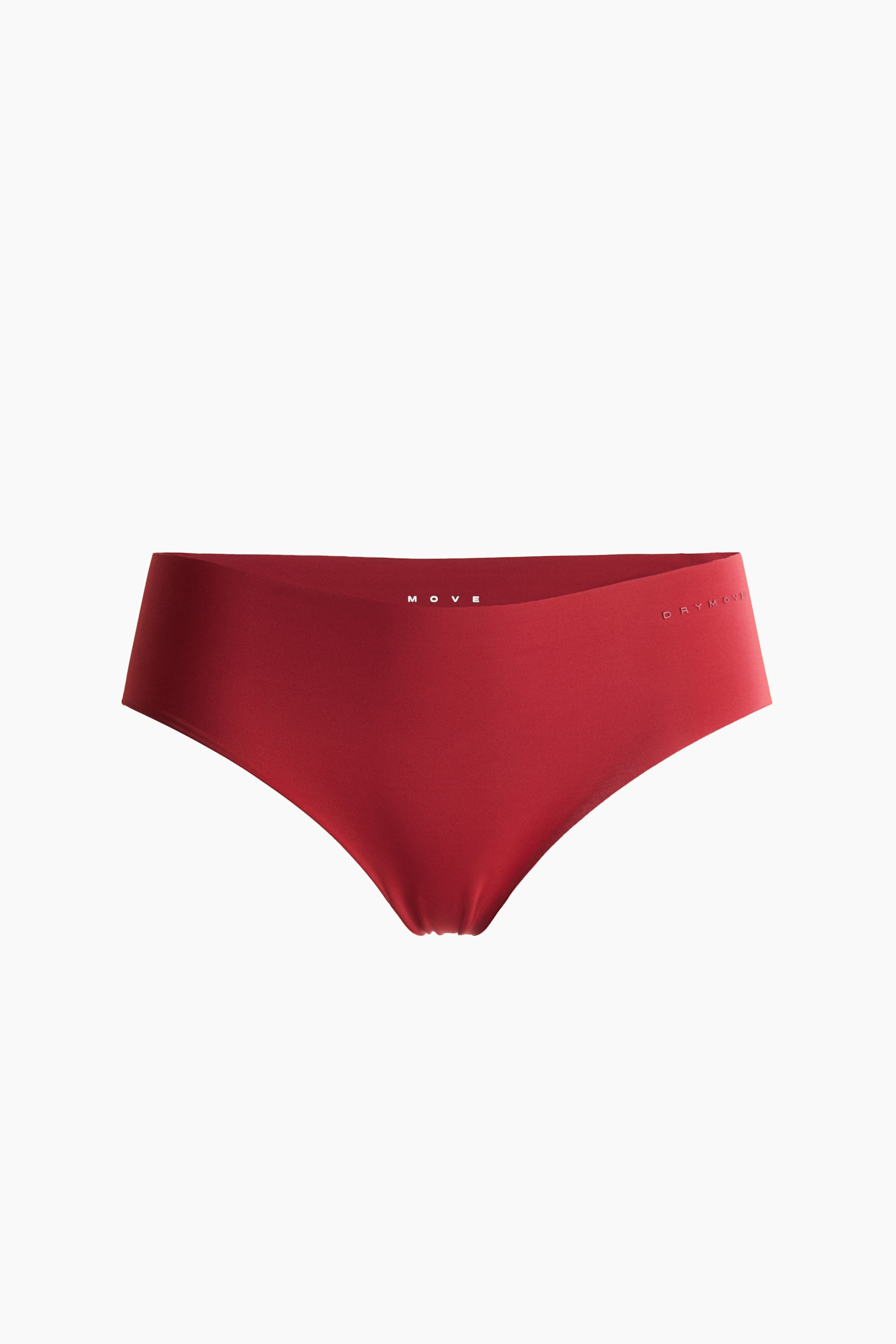 Visualizza immagine più grande: Un slip sportivo rosso a vita bassa presenta una costruzione liscia e senza cuciture con una fascia in vita ampia e piatta. I marchi "MOVE" e "DRYMOVE" appaiono discretamente sulla parte anteriore della fascia in vita.