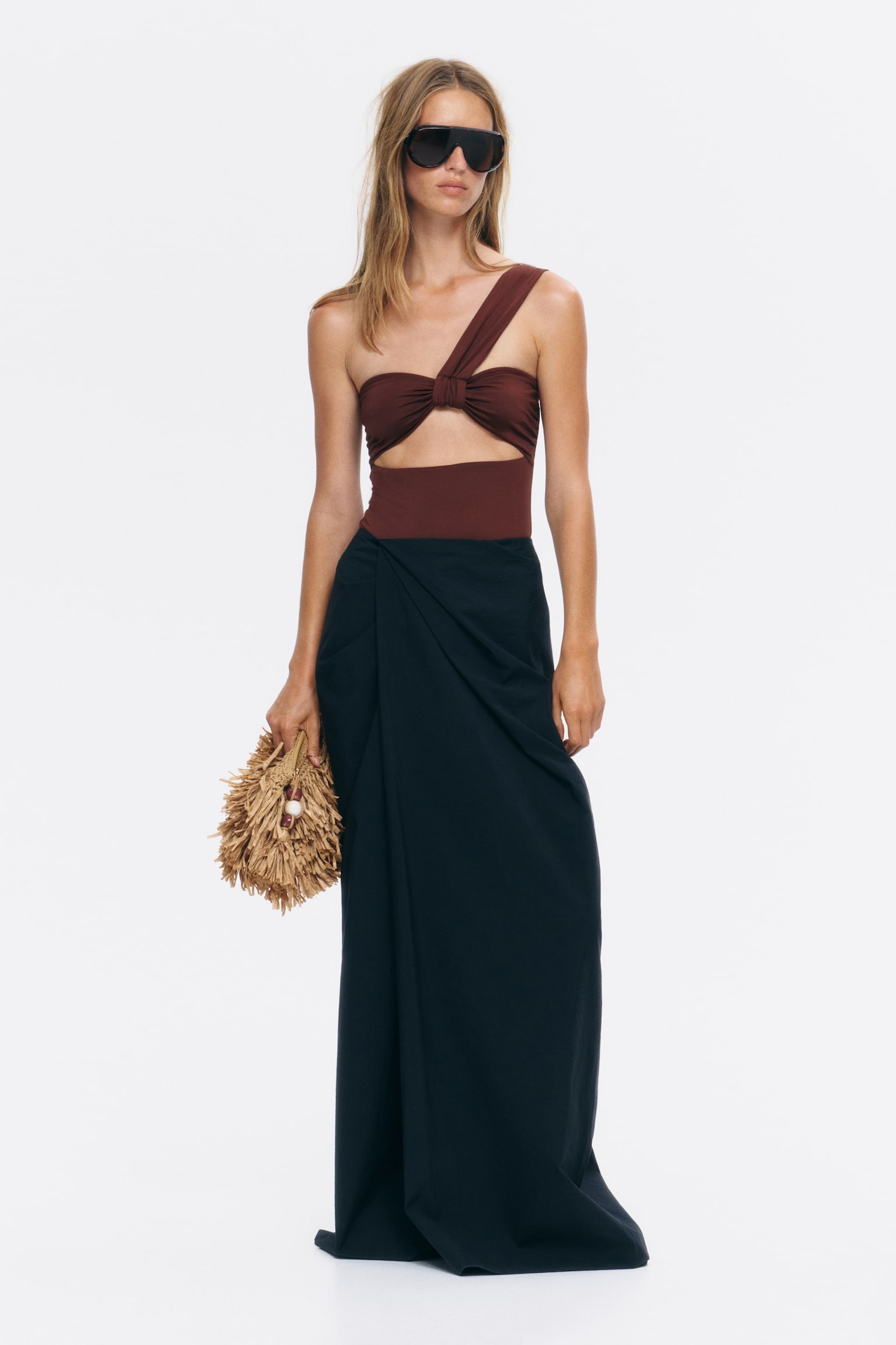 Padded-cup one-shoulder swimsuit - Dark brown - 1