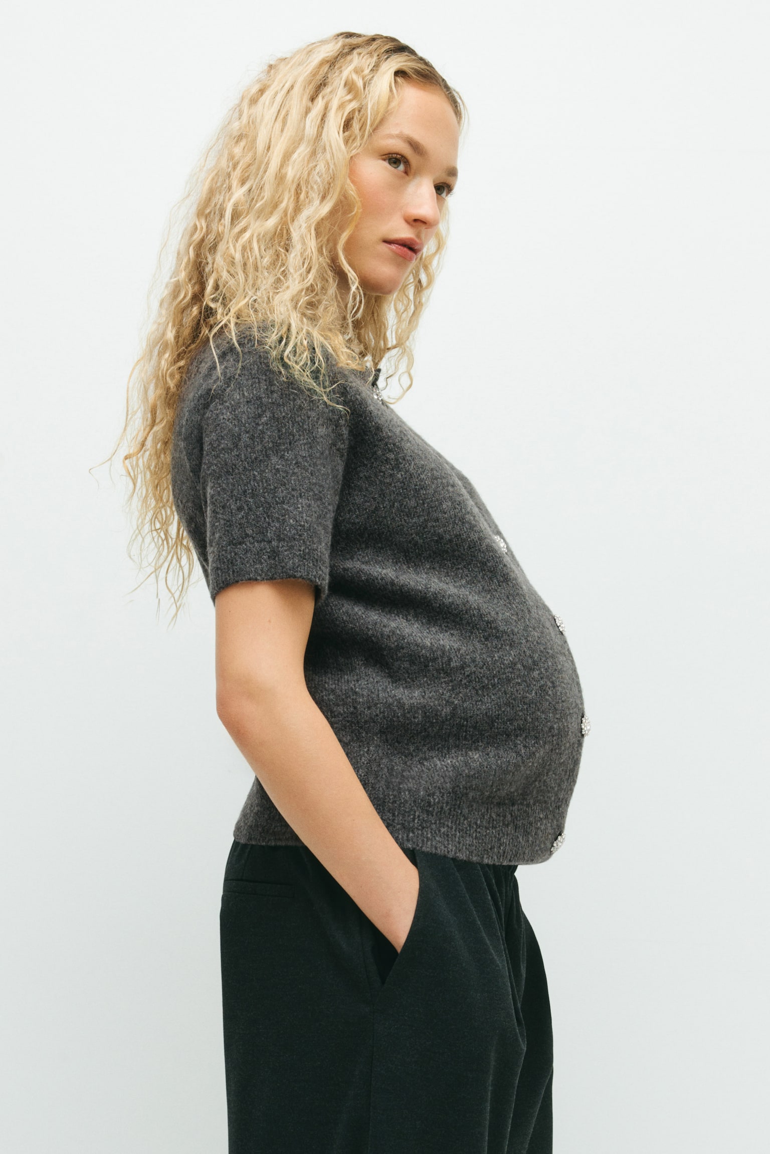 MAMA Rhinestone-button cardigan - Dark grey marl/Cream - 4