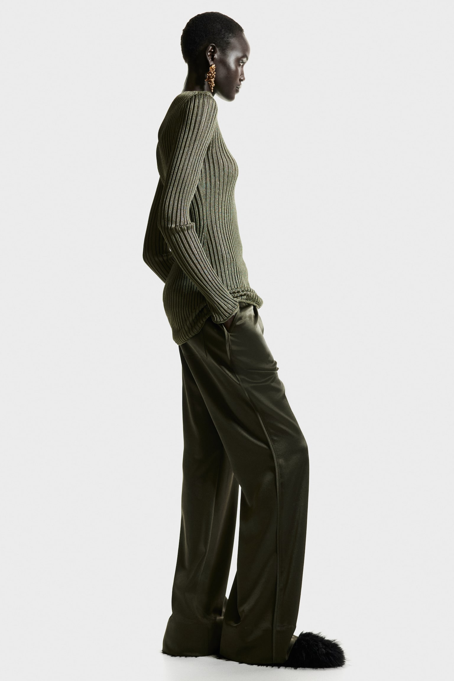 Sheer rib-knit top - Dark khaki green/Light yellow - 7