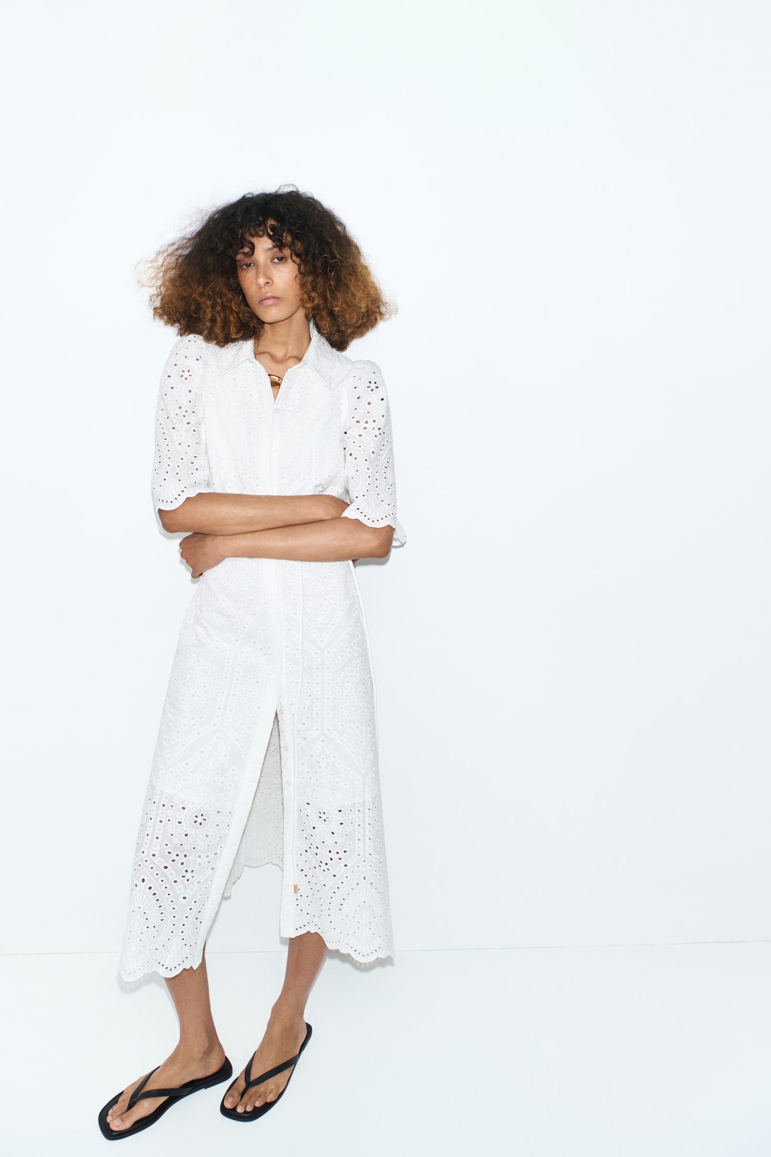 Broderie-anglaise cotton shirt dress - White/Green - 1