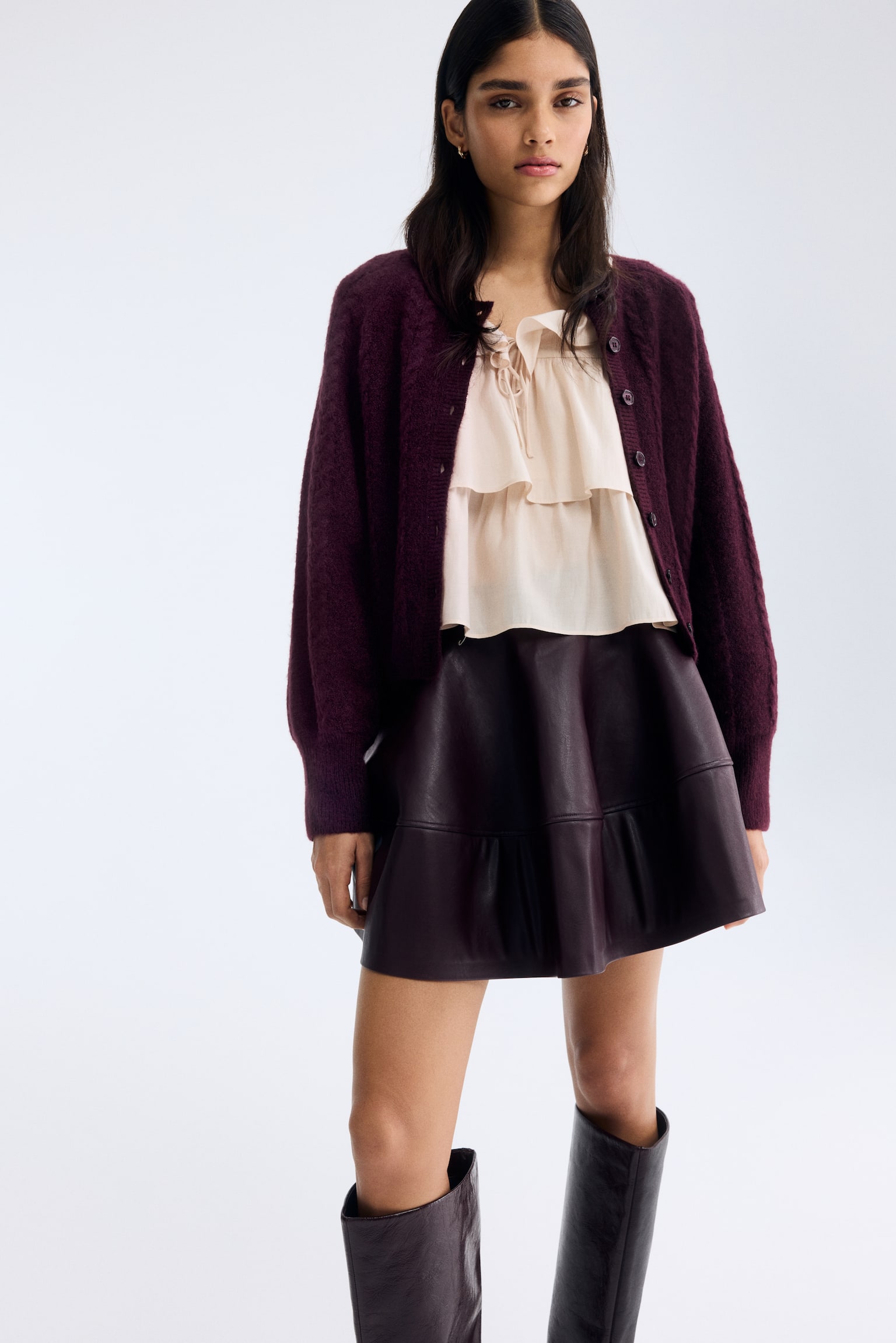 Cable-Knit Cardigan - Plum red/Light beige melange/Pale blue/Light coral pink - 6