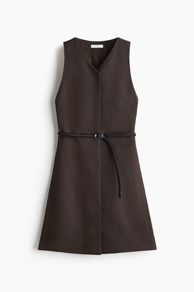 Vestido con cinturón - Marrón oscuro/Blanco - 1