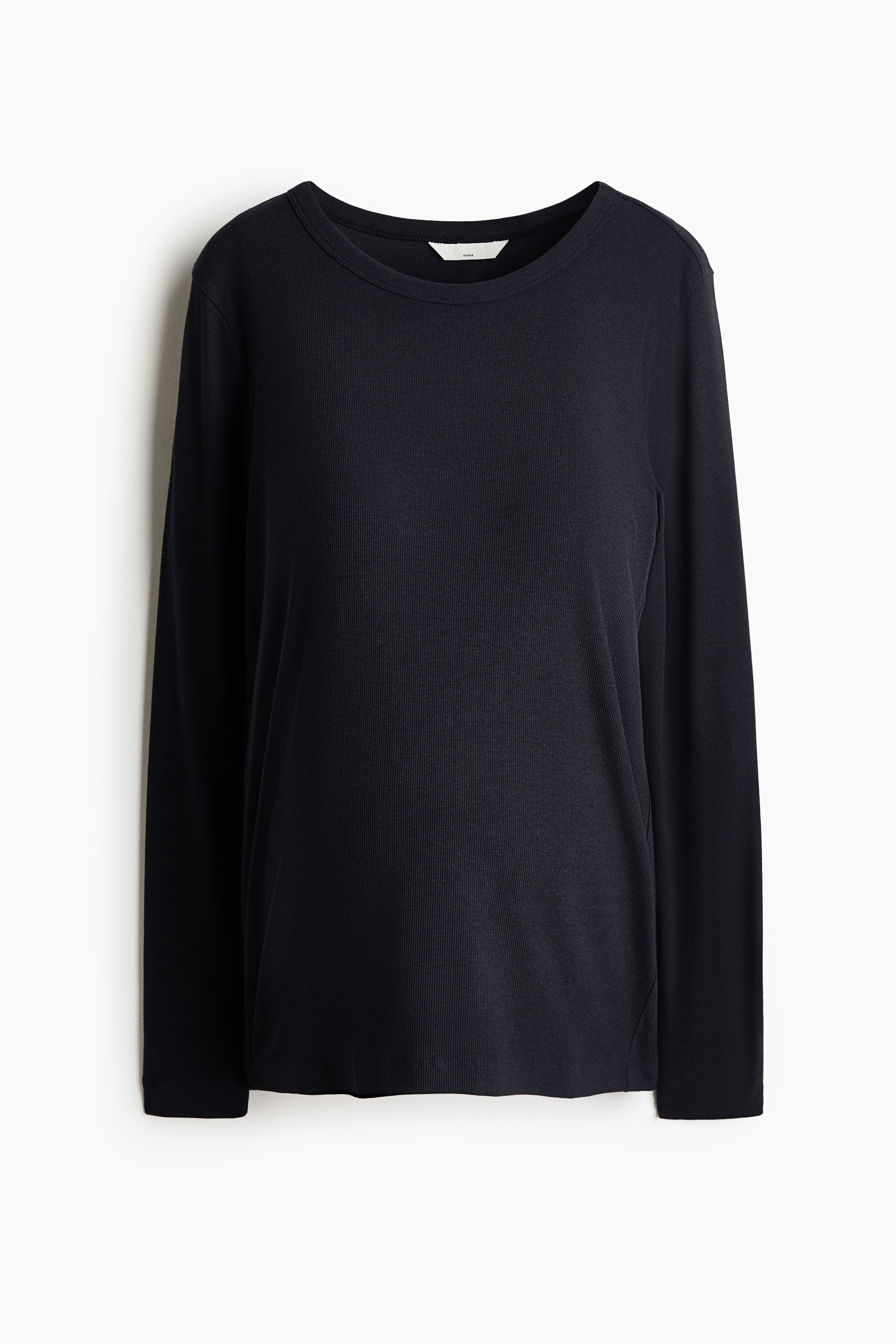 A dark navy blue, fitted long-sleeve top featuring a round neckline and ribbed jersey texture is being worn by the model, who is crossing her arms and holding her opposite elbows.