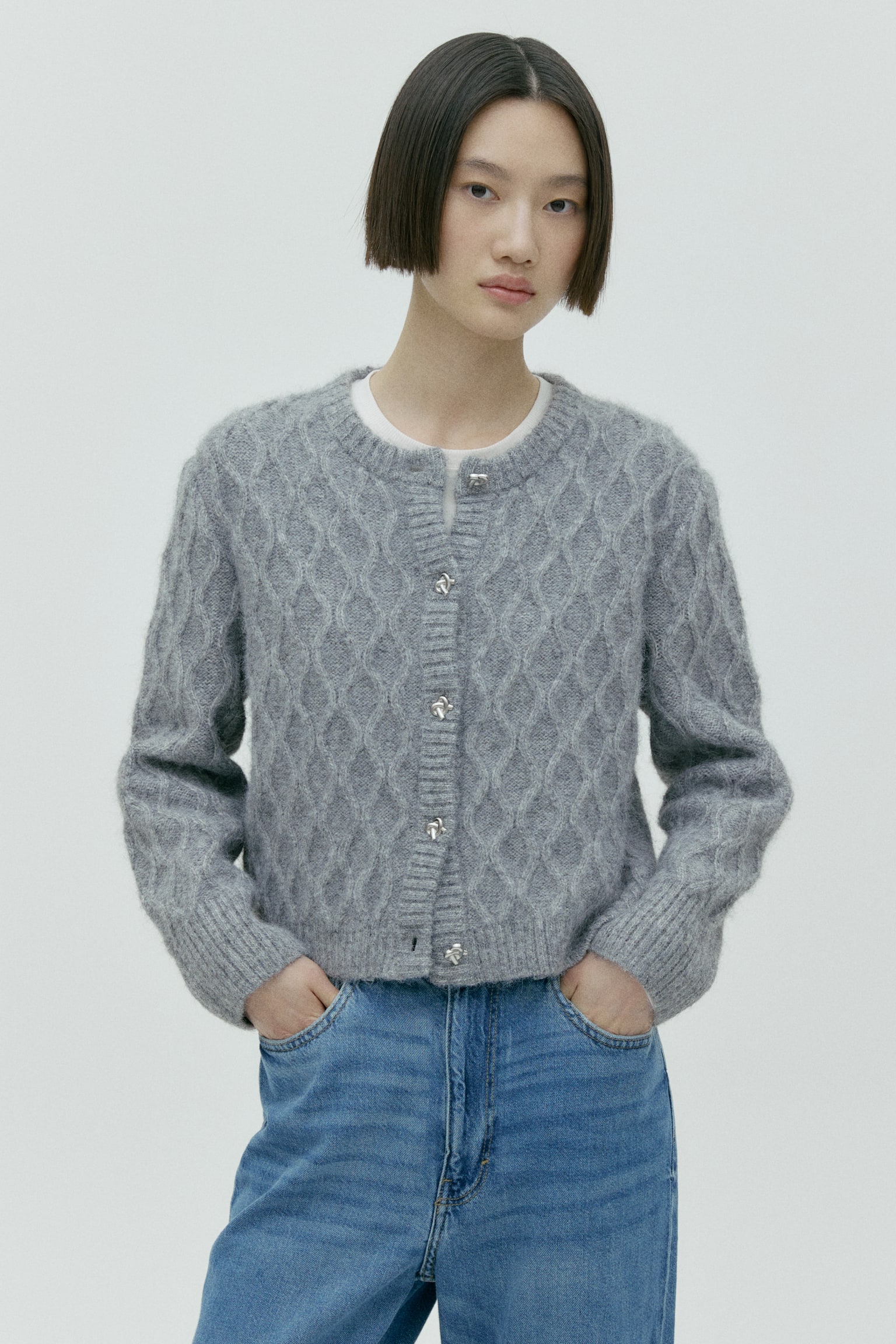 ケーブルニットカーディガン - グレーメランジ/ベージュ/ホワイト - 3