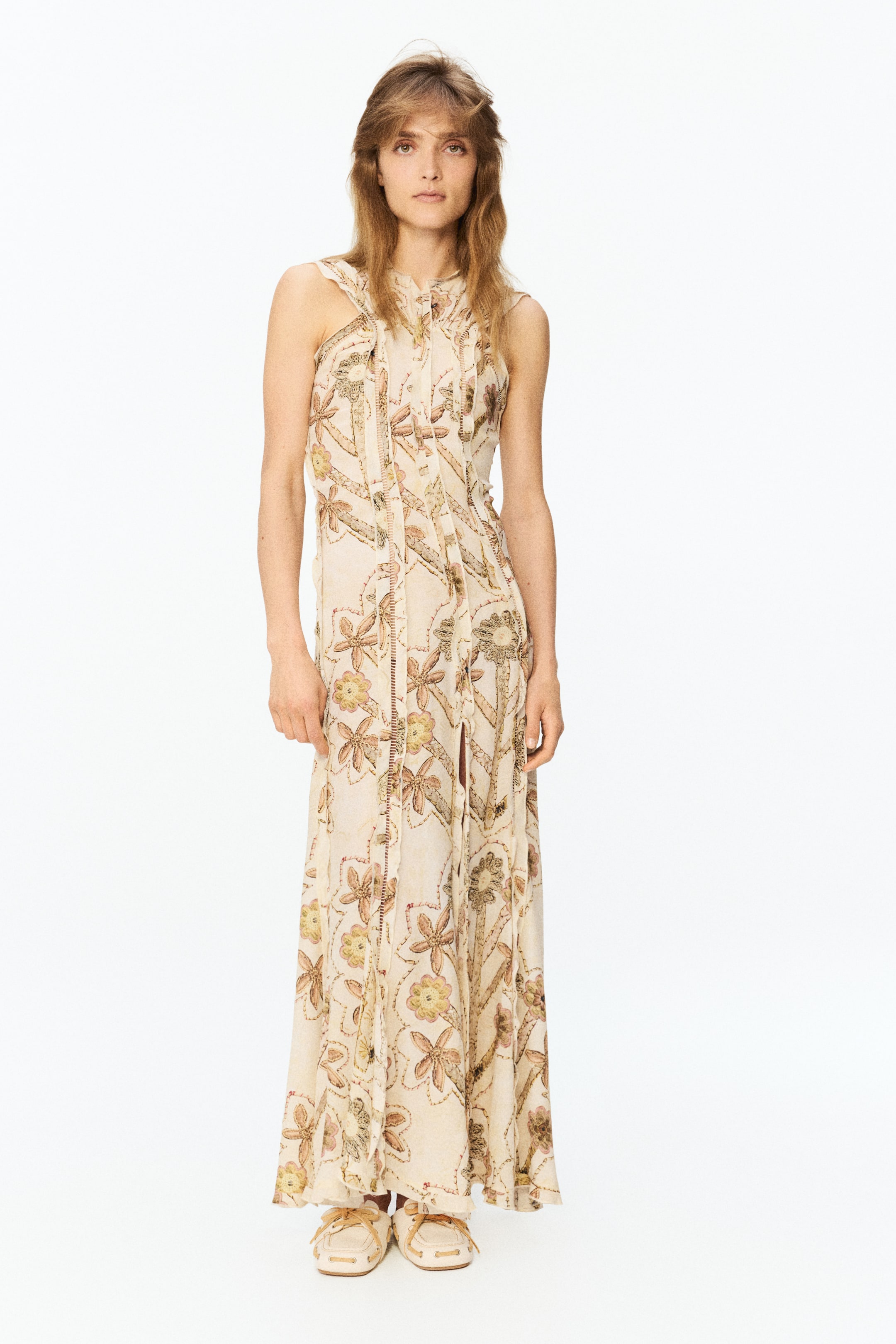 Floral-Print Open-Back Dress with Ruffles