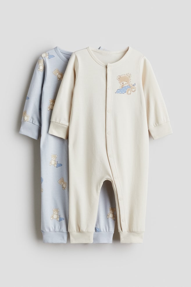 Pack de 2 pijamas de corpo inteiro em algodão - Bege claro/Urso de peluche/Rosa claro/Coelhinhos/Lilás claro/Corações/Rosa/Laços/Rosa/Floral/Rosa claro/Corações/Verde claro/Bagas - 1