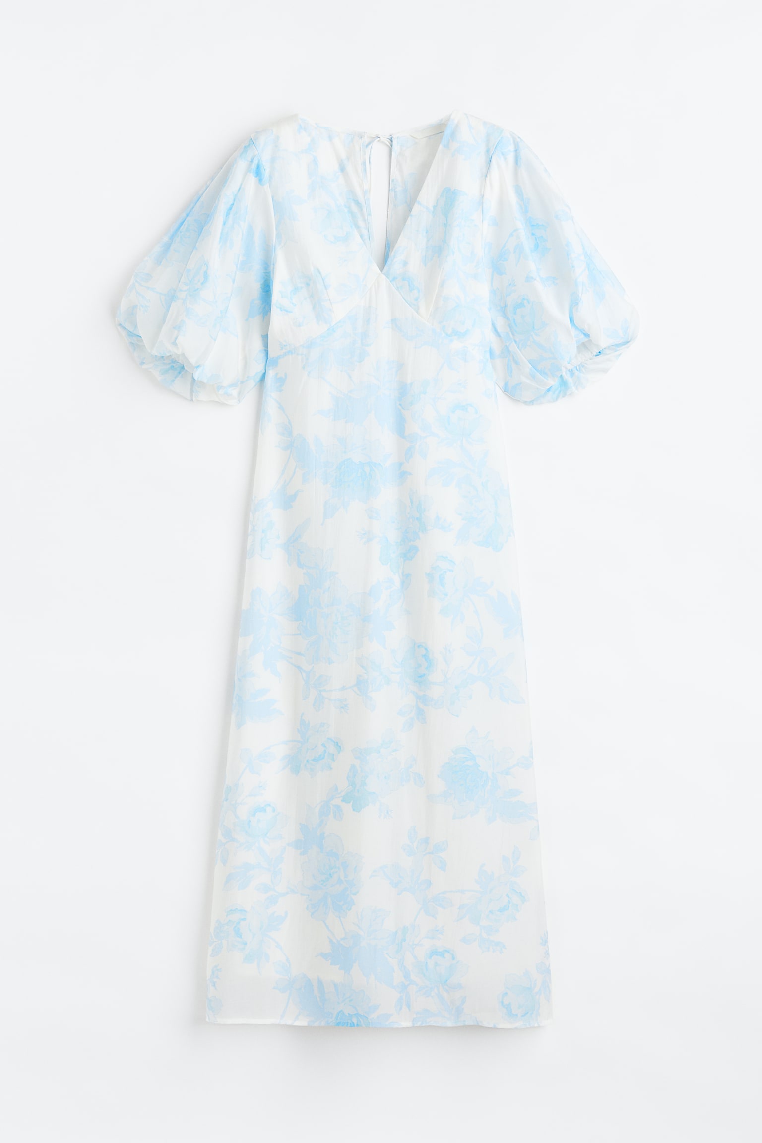 Puff Sleeve Lyocell Blend Dress - Light blue/Floral - 1