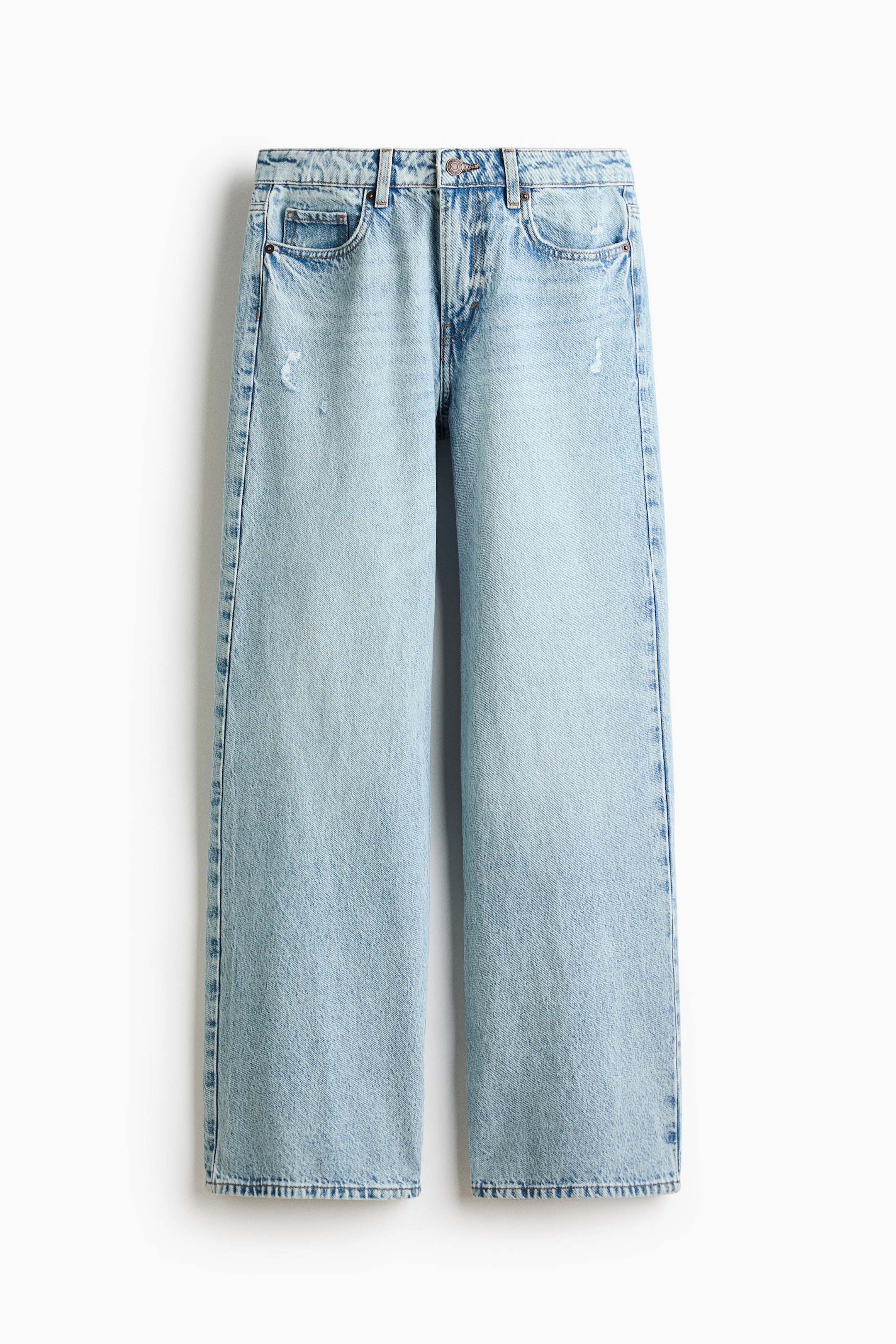 View larger image: Light blue wide-leg jeans are shown from the front, highlighting a faded wash and small distressed areas on the upper legs. They feature two curved front pockets, a coin pocket, a button and zipper fly, belt loops, and a straight hem.